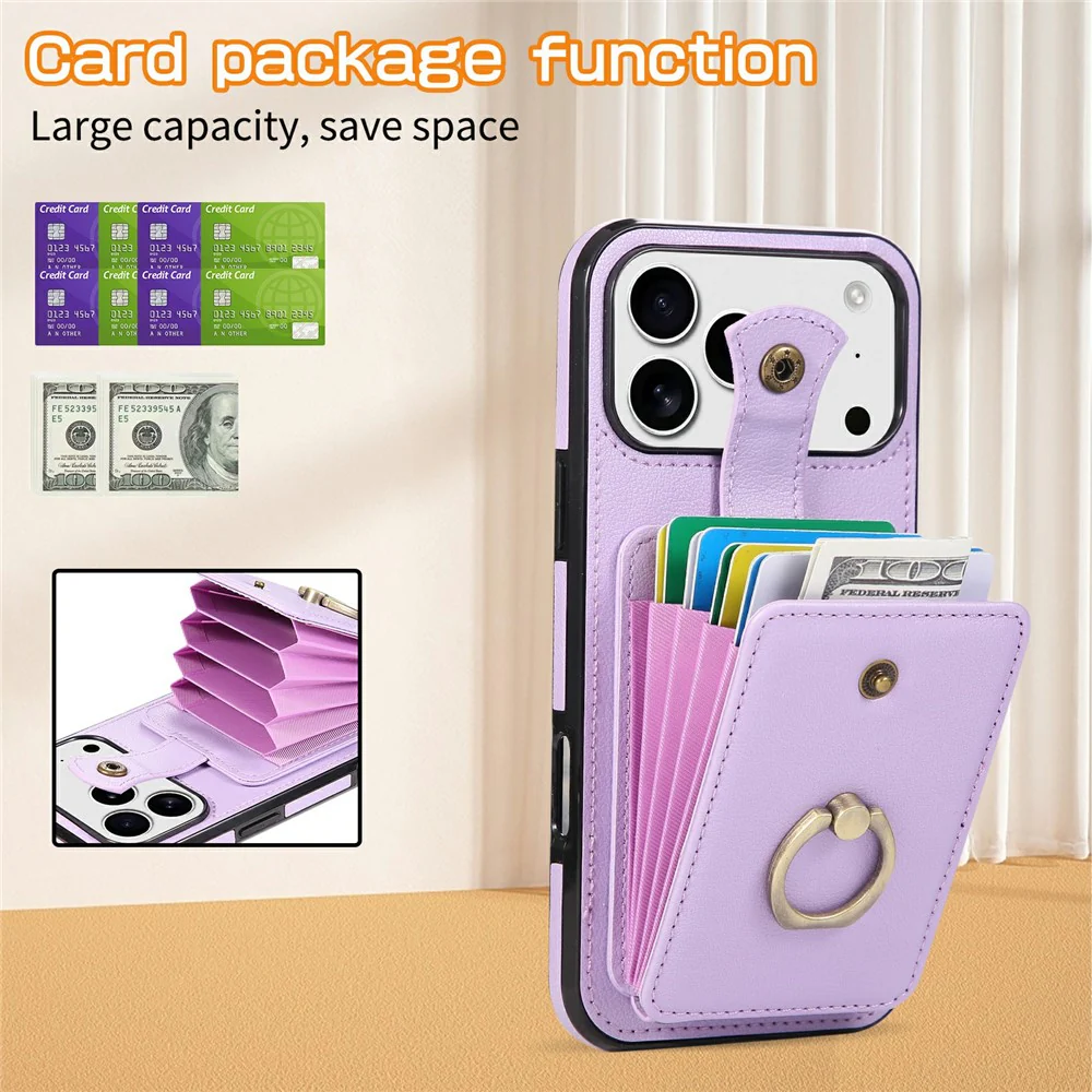 For iPhone 17 Pro Max Case Card Holder Ring Kickstand TPU + PU Leather Phone Cover with Long Strap - Purple - Image 5