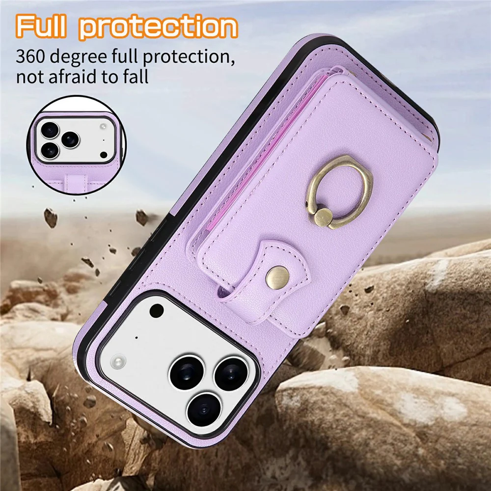 For iPhone 17 Pro Max Case Card Holder Ring Kickstand TPU + PU Leather Phone Cover with Long Strap - Purple - Image 6