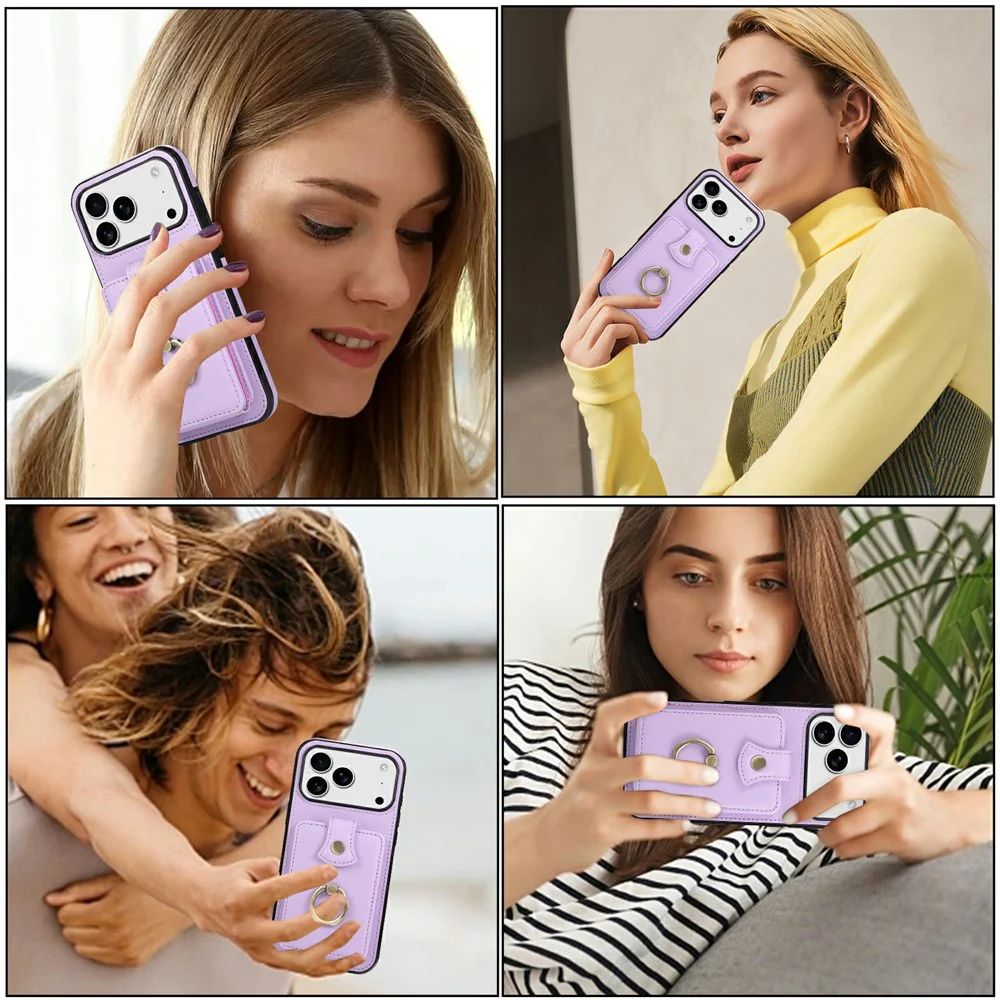 For iPhone 17 Pro Max Case Card Holder Ring Kickstand TPU + PU Leather Phone Cover with Long Strap - Purple - Image 8