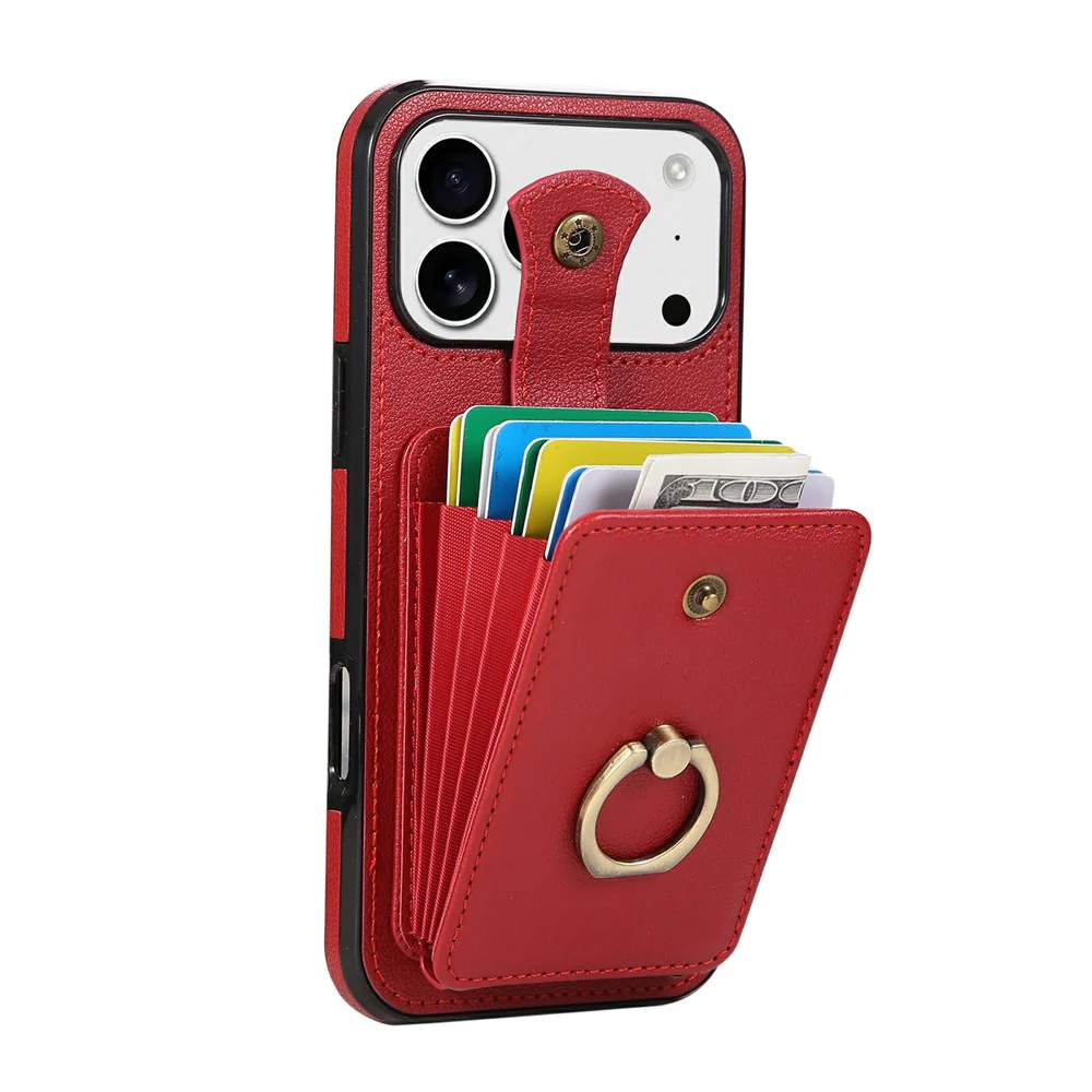 For iPhone 17 Pro Max Case Card Holder Ring Kickstand TPU + PU Leather Phone Cover with Long Strap - Red - Image 2