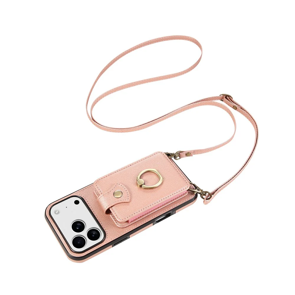 For iPhone 17 Pro Max Case Card Holder Ring Kickstand TPU + PU Leather Phone Cover with Long Strap - Rose Gold - Image 4