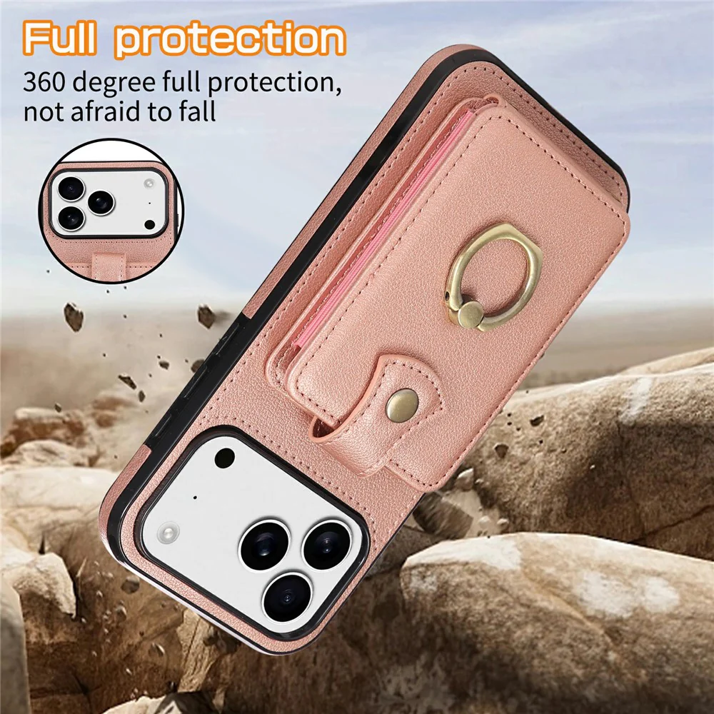 For iPhone 17 Pro Max Case Card Holder Ring Kickstand TPU + PU Leather Phone Cover with Long Strap - Rose Gold - Image 6