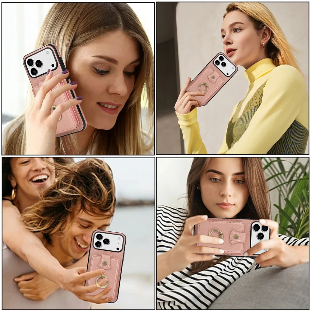 For iPhone 17 Pro Max Case Card Holder Ring Kickstand TPU + PU Leather Phone Cover with Long Strap - Rose Gold - Image 8