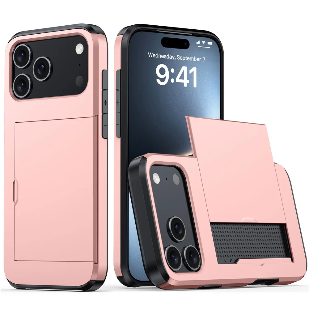 For iPhone 17 Pro Max Case Card Holder TPU + PC Phone Back Cover - Rose Gold