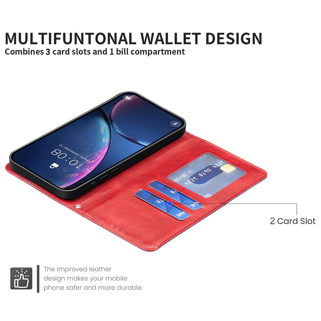 For iPhone 17 Pro Max Case Card Slots Geometry Imprint Leather Phone Cover - Red - Image 6