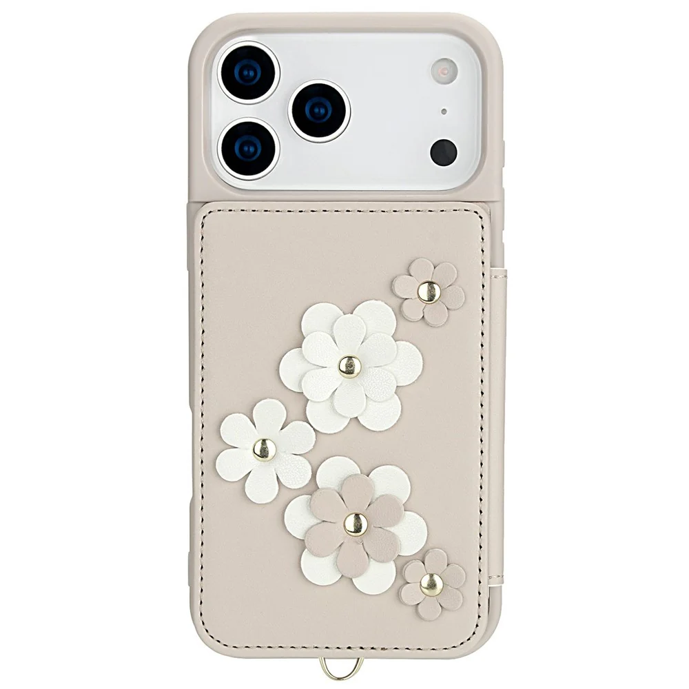 For iPhone 17 Pro Max Case Card Slots Leather Coated TPU Flower Phone Cover with 2 Straps - Beige - Image 5
