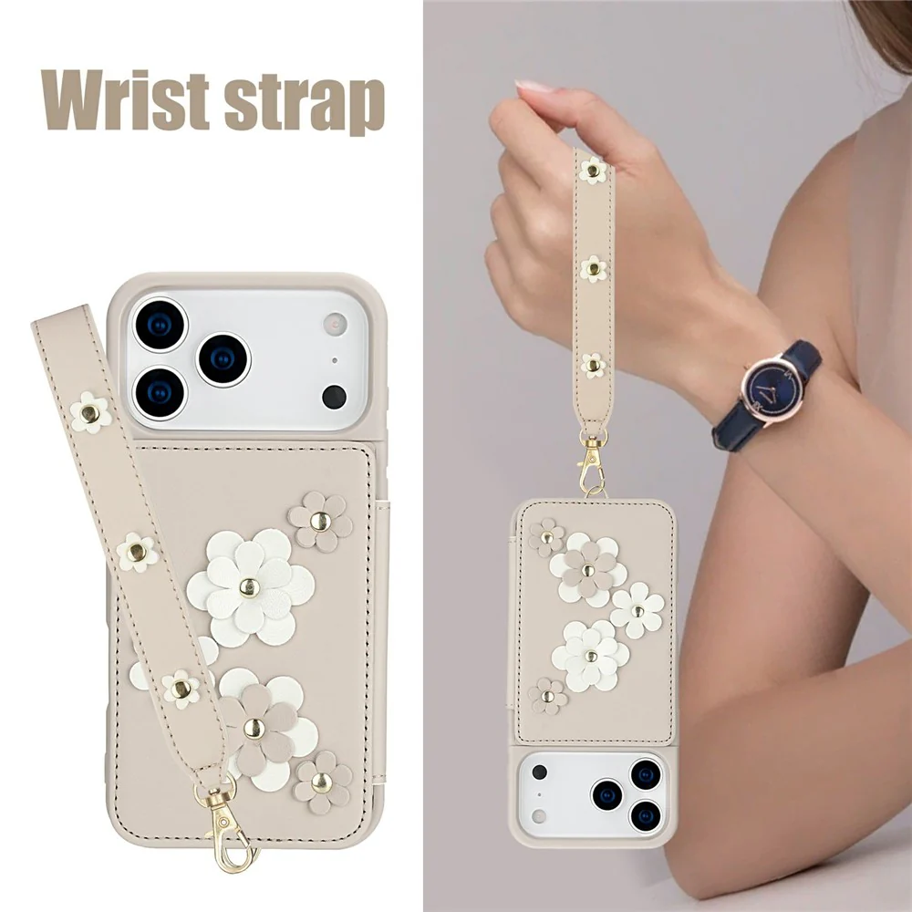 For iPhone 17 Pro Max Case Card Slots Leather Coated TPU Flower Phone Cover with 2 Straps - Beige - Image 6