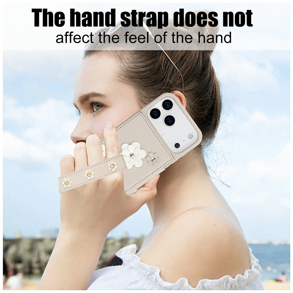 For iPhone 17 Pro Max Case Card Slots Leather Coated TPU Flower Phone Cover with 2 Straps - Beige - Image 7