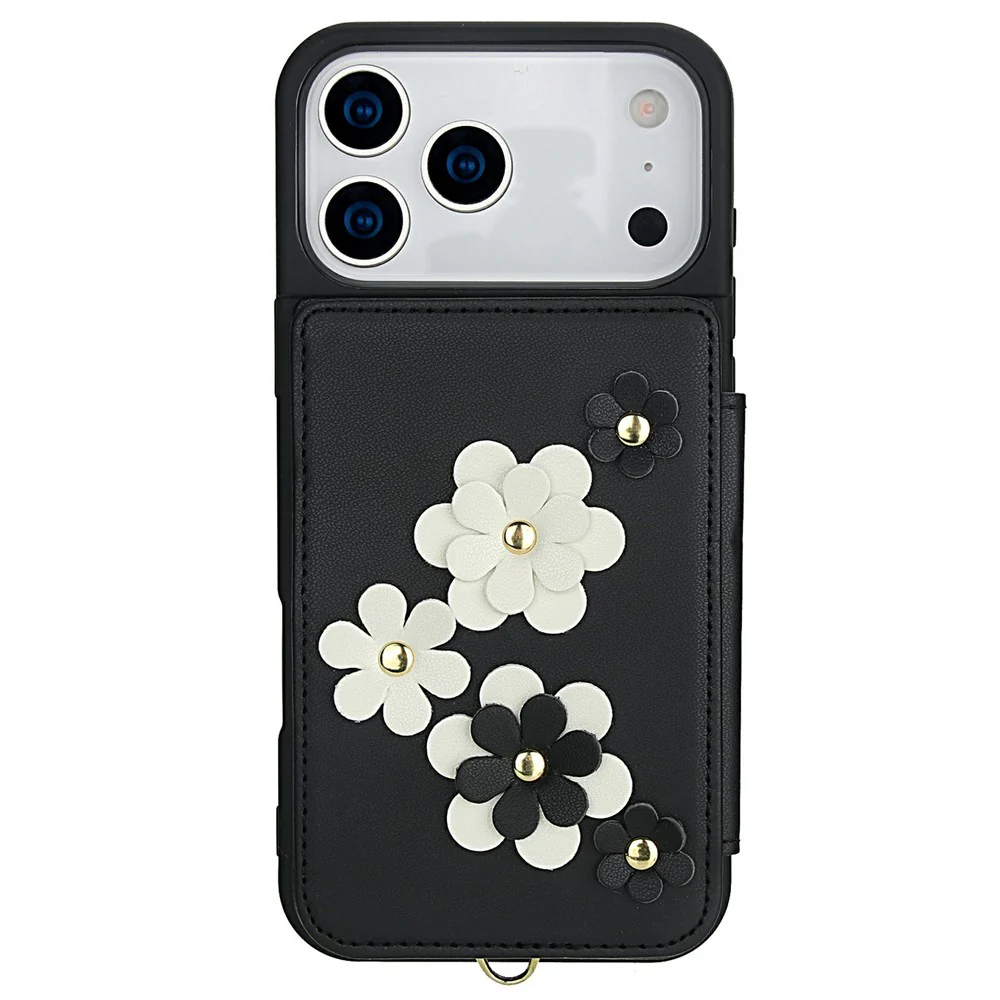 For iPhone 17 Pro Max Case Card Slots Leather Coated TPU Flower Phone Cover with 2 Straps - Black - Image 5