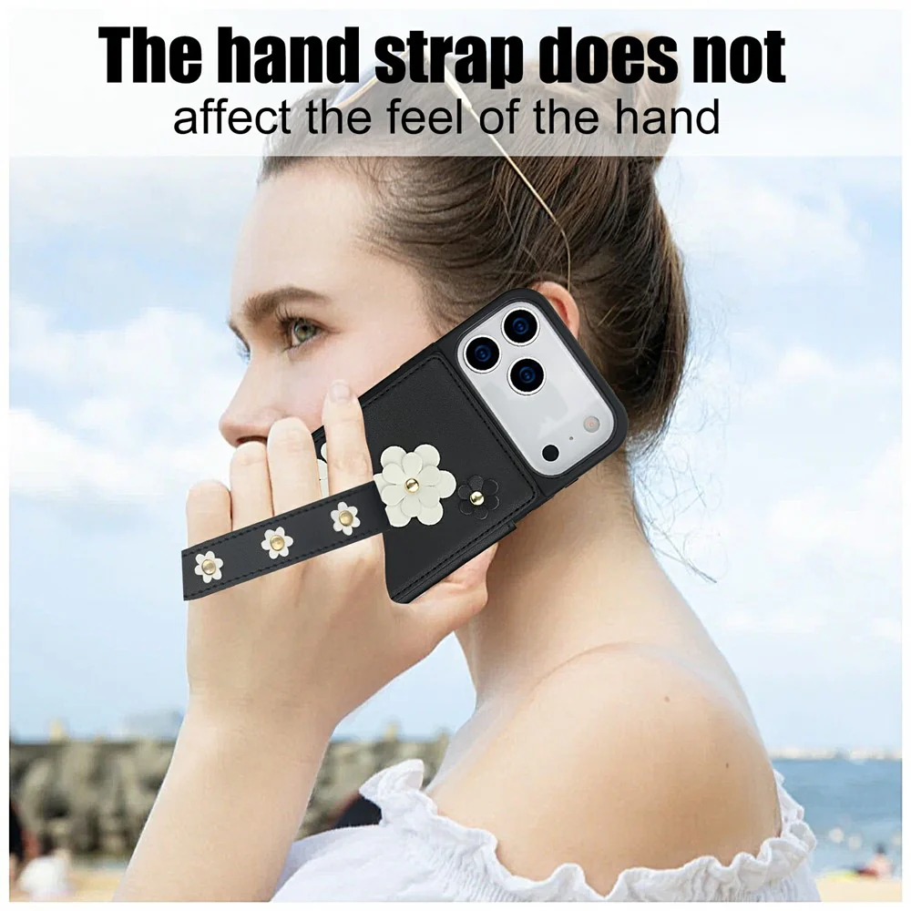 For iPhone 17 Pro Max Case Card Slots Leather Coated TPU Flower Phone Cover with 2 Straps - Black - Image 7