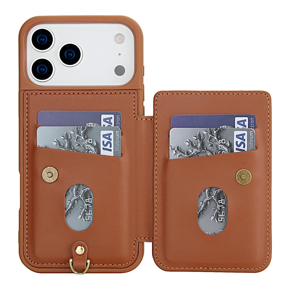 For iPhone 17 Pro Max Case Card Slots Leather Coated TPU Flower Phone Cover with 2 Straps - Brown - Image 2