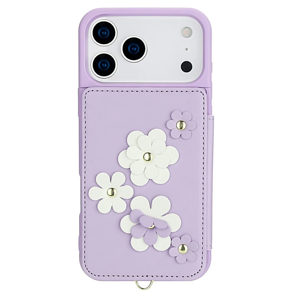 For iPhone 17 Pro Max Case Card Slots Leather Coated TPU Flower Phone Cover with 2 Straps - Purple - Image 5