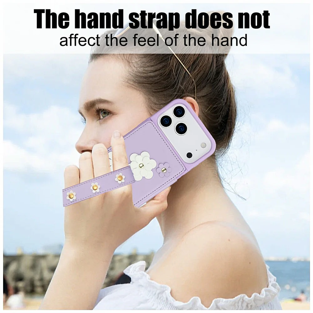 For iPhone 17 Pro Max Case Card Slots Leather Coated TPU Flower Phone Cover with 2 Straps - Purple - Image 7