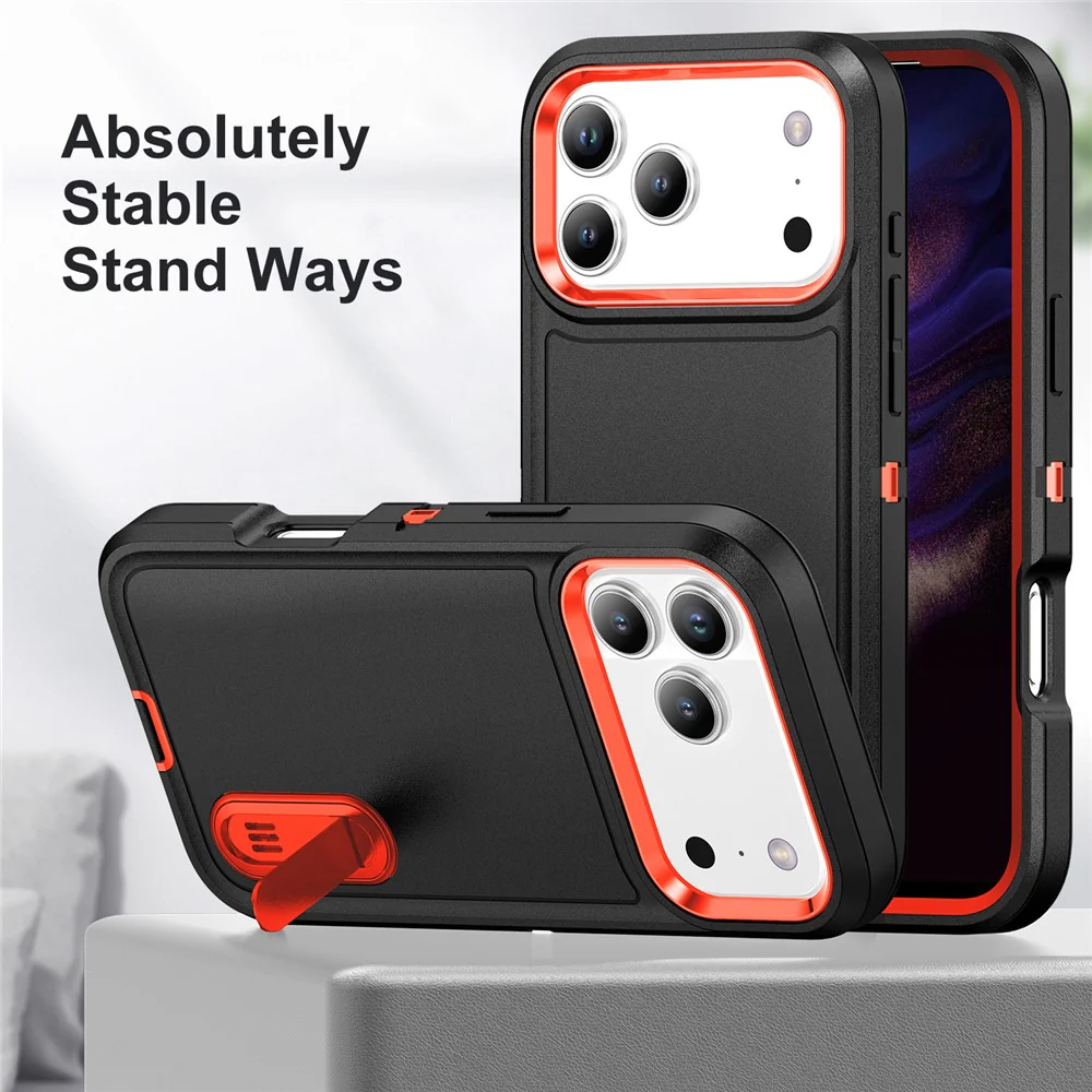 For iPhone 17 Pro Max Case Case Kickstand Phone Cover PC + Silicone + EVA 3-in-1 Design - Black + Orange - Image 3