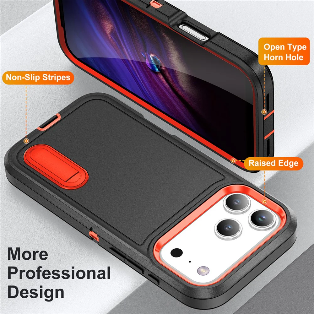 For iPhone 17 Pro Max Case Case Kickstand Phone Cover PC + Silicone + EVA 3-in-1 Design - Black + Orange - Image 4