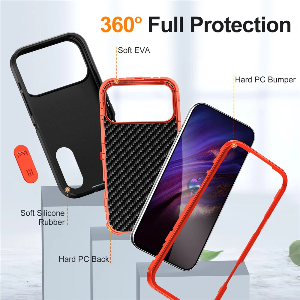 For iPhone 17 Pro Max Case Case Kickstand Phone Cover PC + Silicone + EVA 3-in-1 Design - Black + Orange - Image 7
