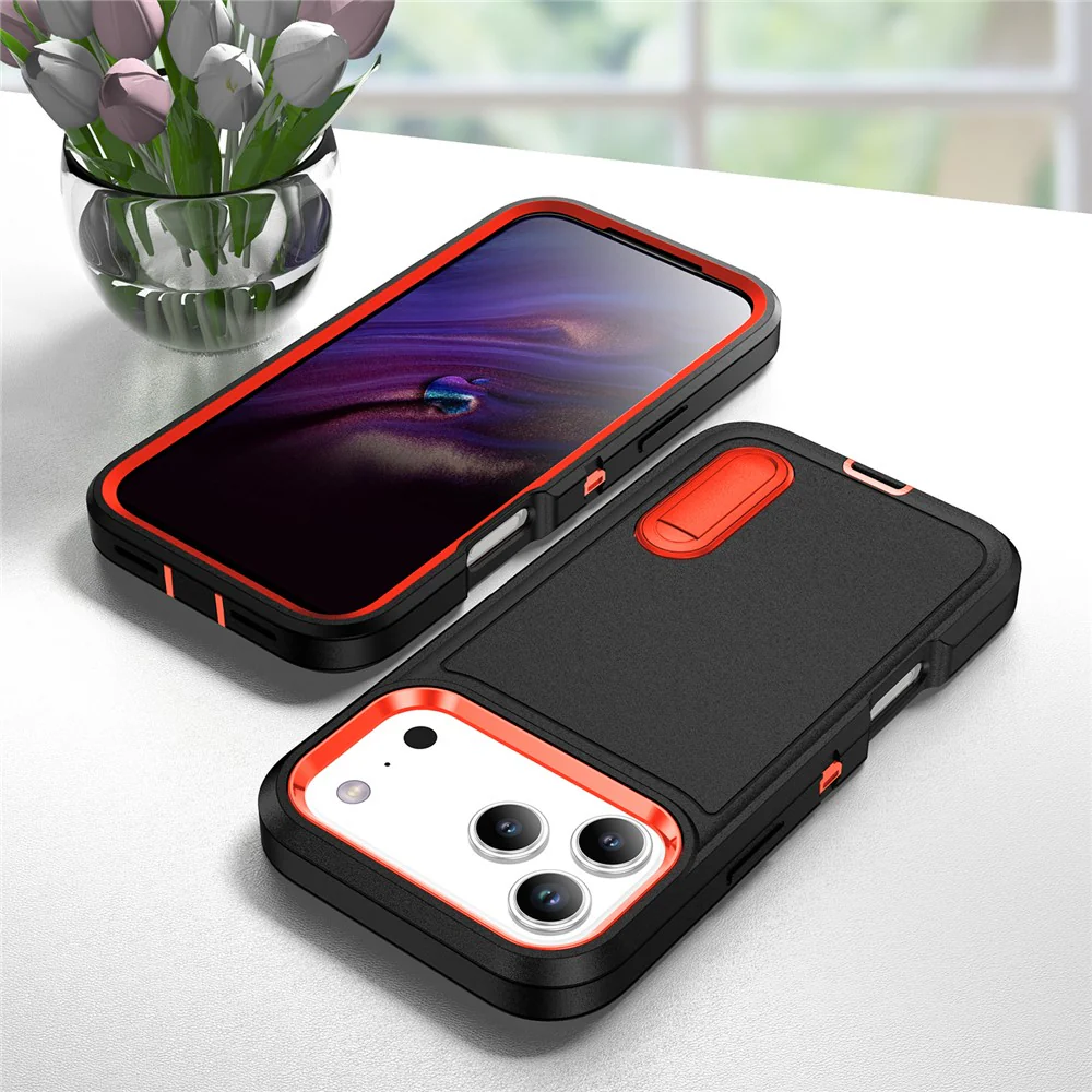For iPhone 17 Pro Max Case Case Kickstand Phone Cover PC + Silicone + EVA 3-in-1 Design - Black + Orange - Image 8