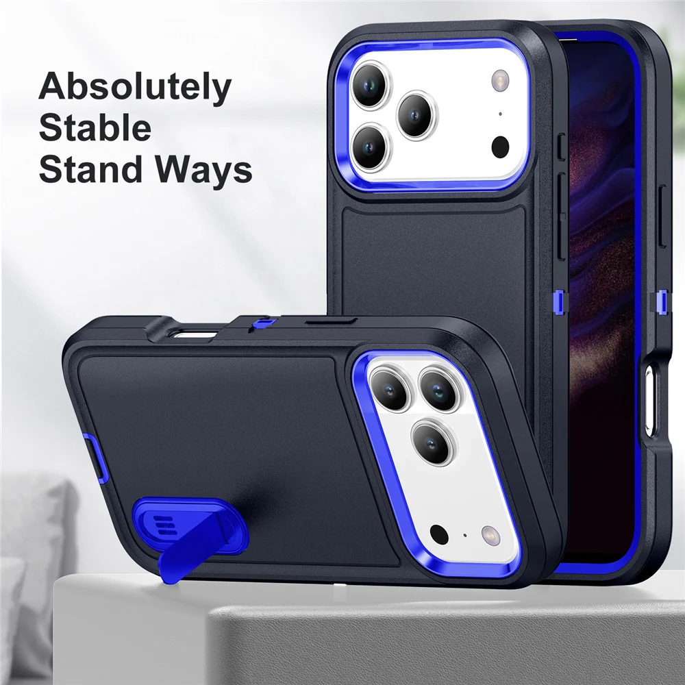 For iPhone 17 Pro Max Case Case Kickstand Phone Cover PC + Silicone + EVA 3-in-1 Design - Dark Blue + Sapphire - Image 3
