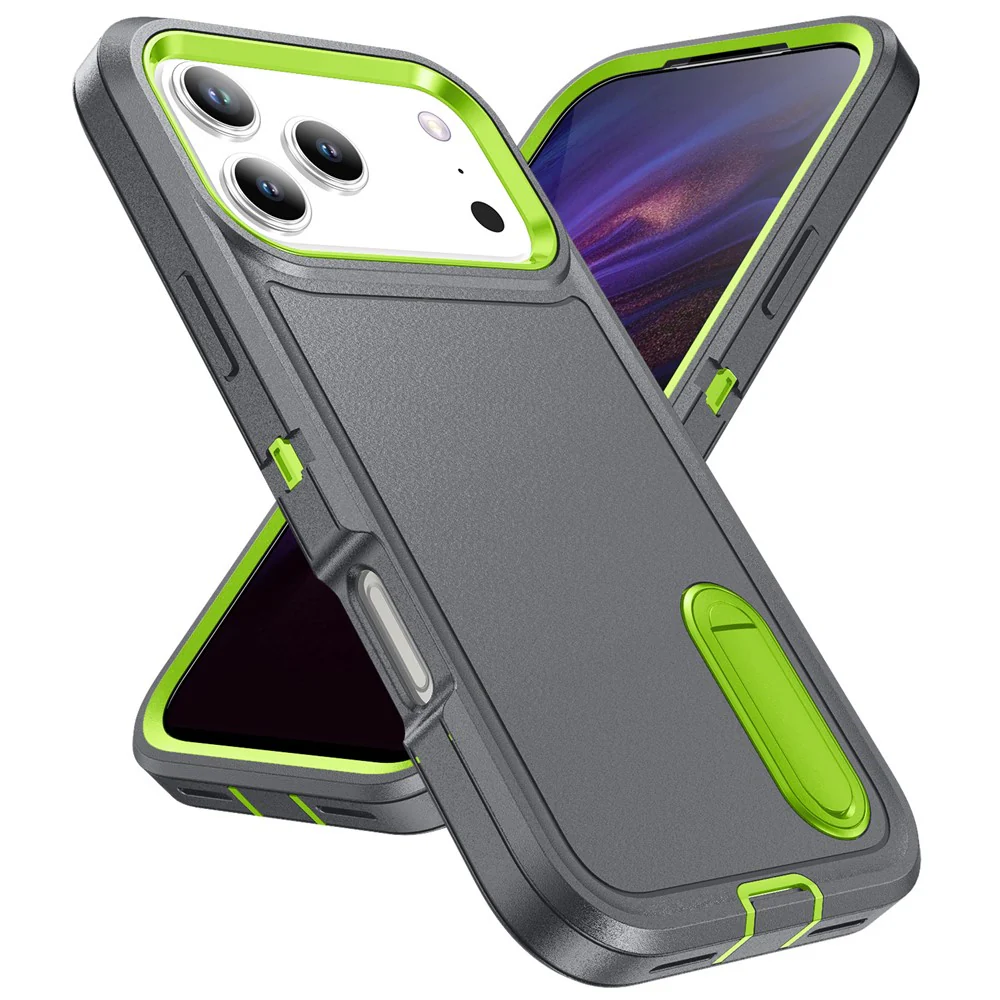 For iPhone 17 Pro Max Case Case Kickstand Phone Cover PC + Silicone + EVA 3-in-1 Design - Grey + Green - Image 2