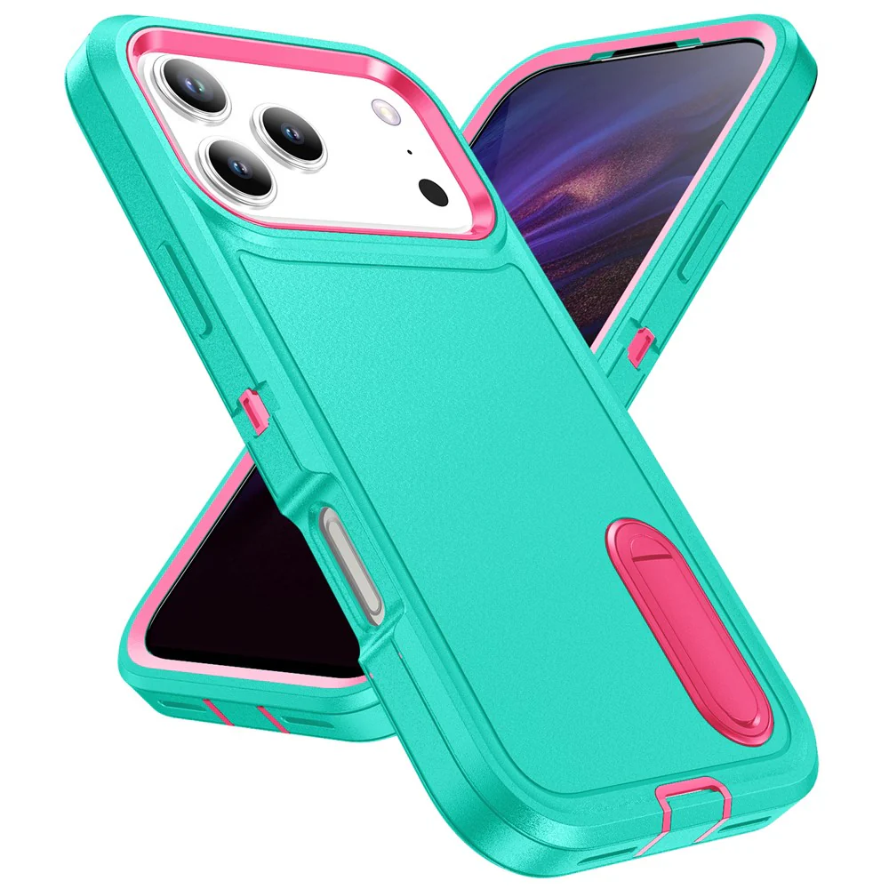For iPhone 17 Pro Max Case Case Kickstand Phone Cover PC + Silicone + EVA 3-in-1 Design - Light Cyan + Rose - Image 2