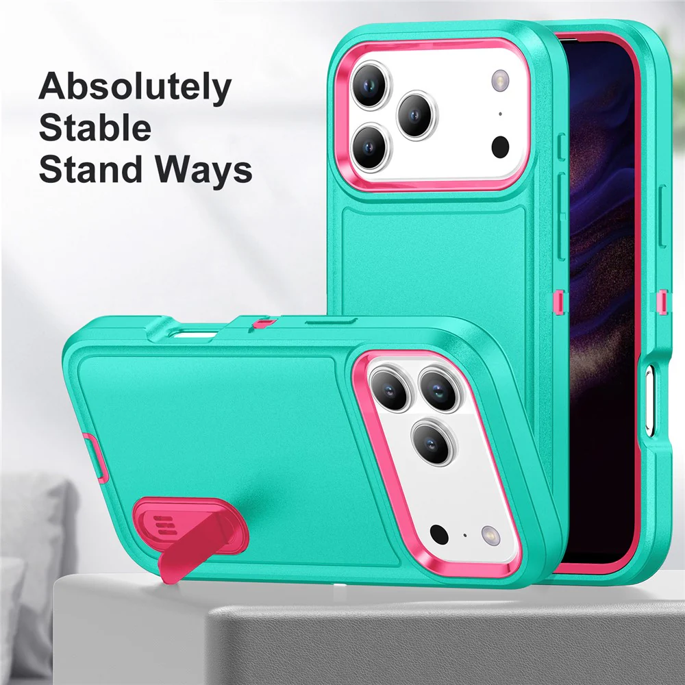 For iPhone 17 Pro Max Case Case Kickstand Phone Cover PC + Silicone + EVA 3-in-1 Design - Light Cyan + Rose - Image 3