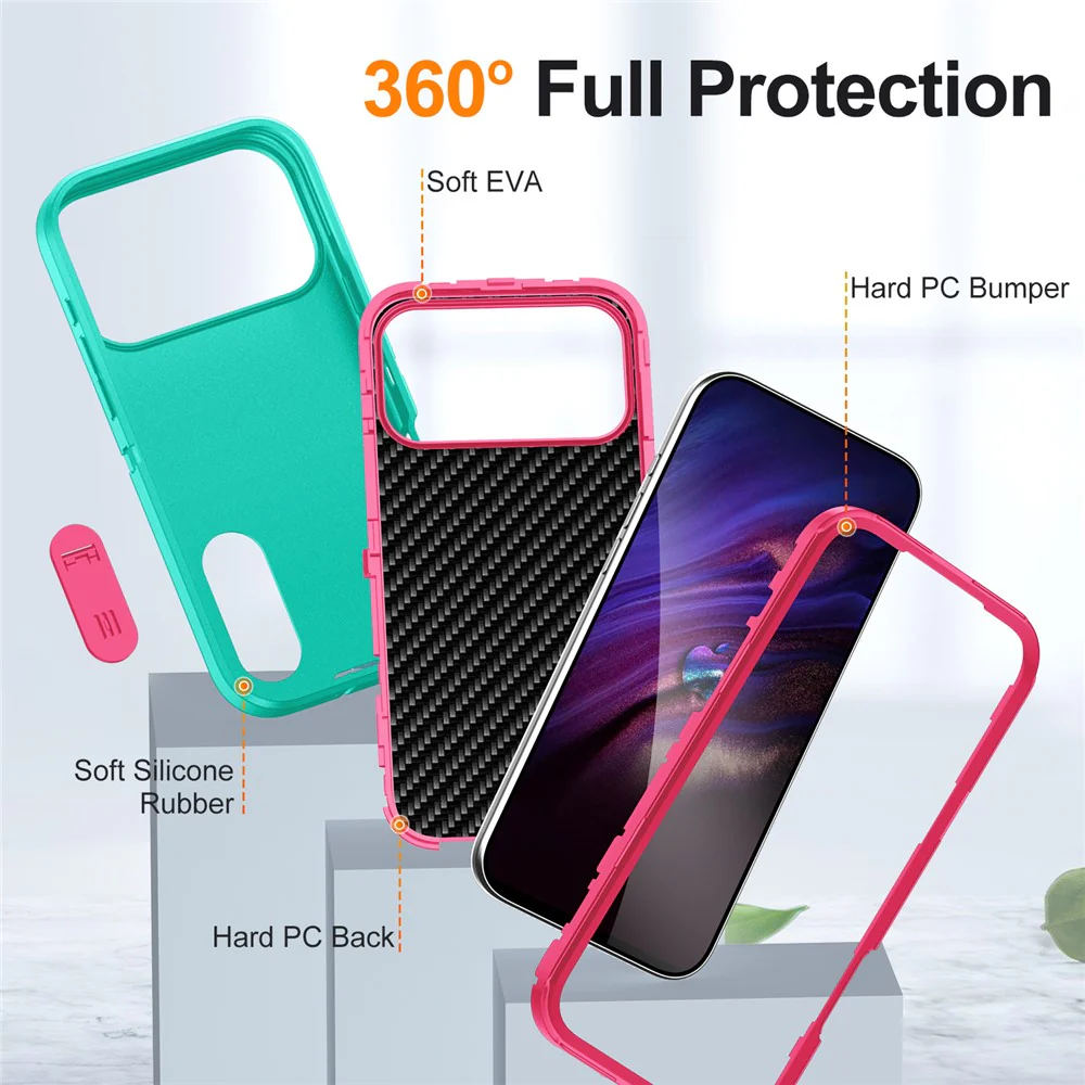 For iPhone 17 Pro Max Case Case Kickstand Phone Cover PC + Silicone + EVA 3-in-1 Design - Light Cyan + Rose - Image 7