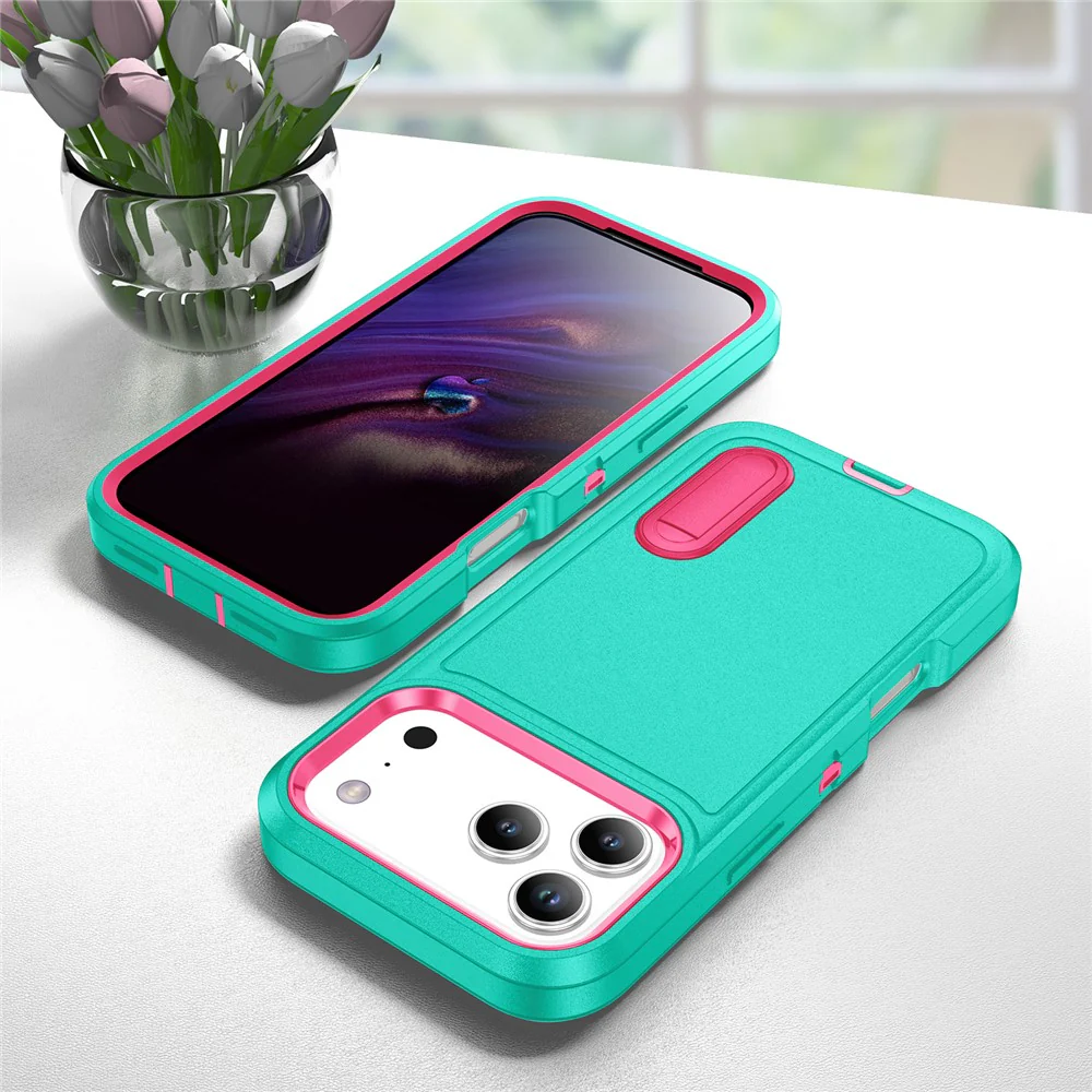For iPhone 17 Pro Max Case Case Kickstand Phone Cover PC + Silicone + EVA 3-in-1 Design - Light Cyan + Rose - Image 8