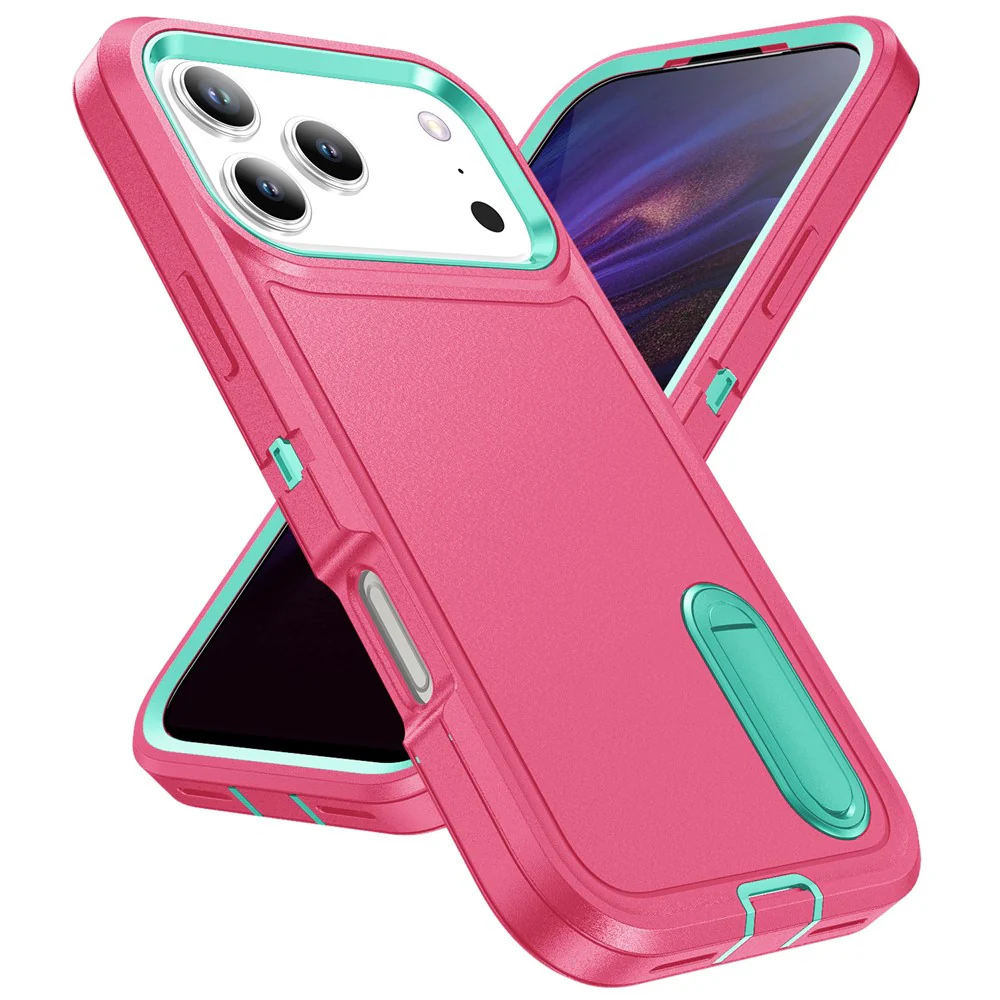 For iPhone 17 Pro Max Case Case Kickstand Phone Cover PC + Silicone + EVA 3-in-1 Design - Rose + Light Cyan - Image 2