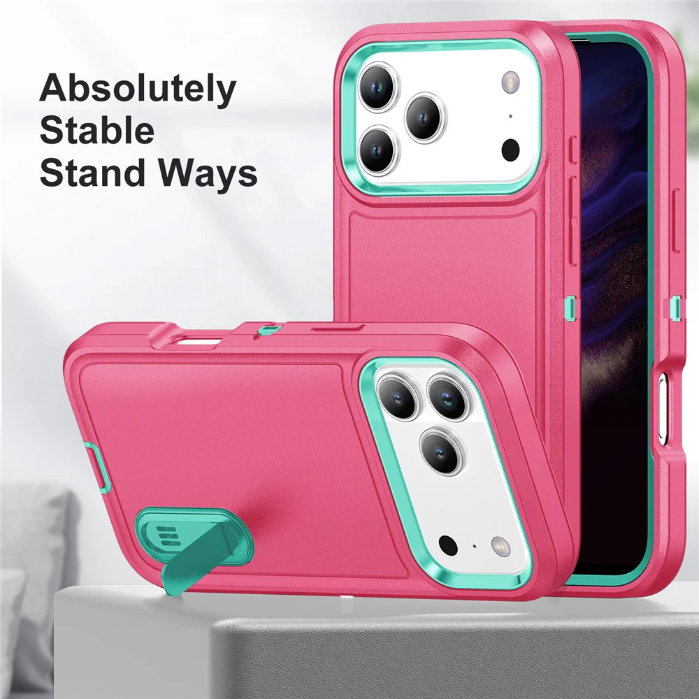 For iPhone 17 Pro Max Case Case Kickstand Phone Cover PC + Silicone + EVA 3-in-1 Design - Rose + Light Cyan - Image 3