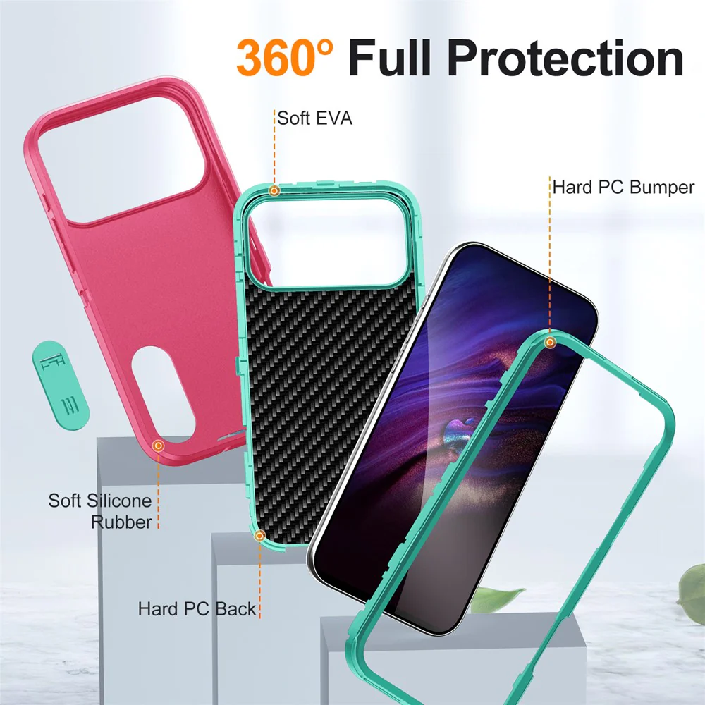 For iPhone 17 Pro Max Case Case Kickstand Phone Cover PC + Silicone + EVA 3-in-1 Design - Rose + Light Cyan - Image 7