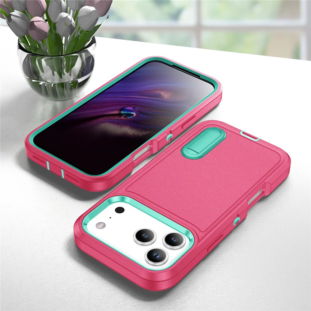 For iPhone 17 Pro Max Case Case Kickstand Phone Cover PC + Silicone + EVA 3-in-1 Design - Rose + Light Cyan - Image 8