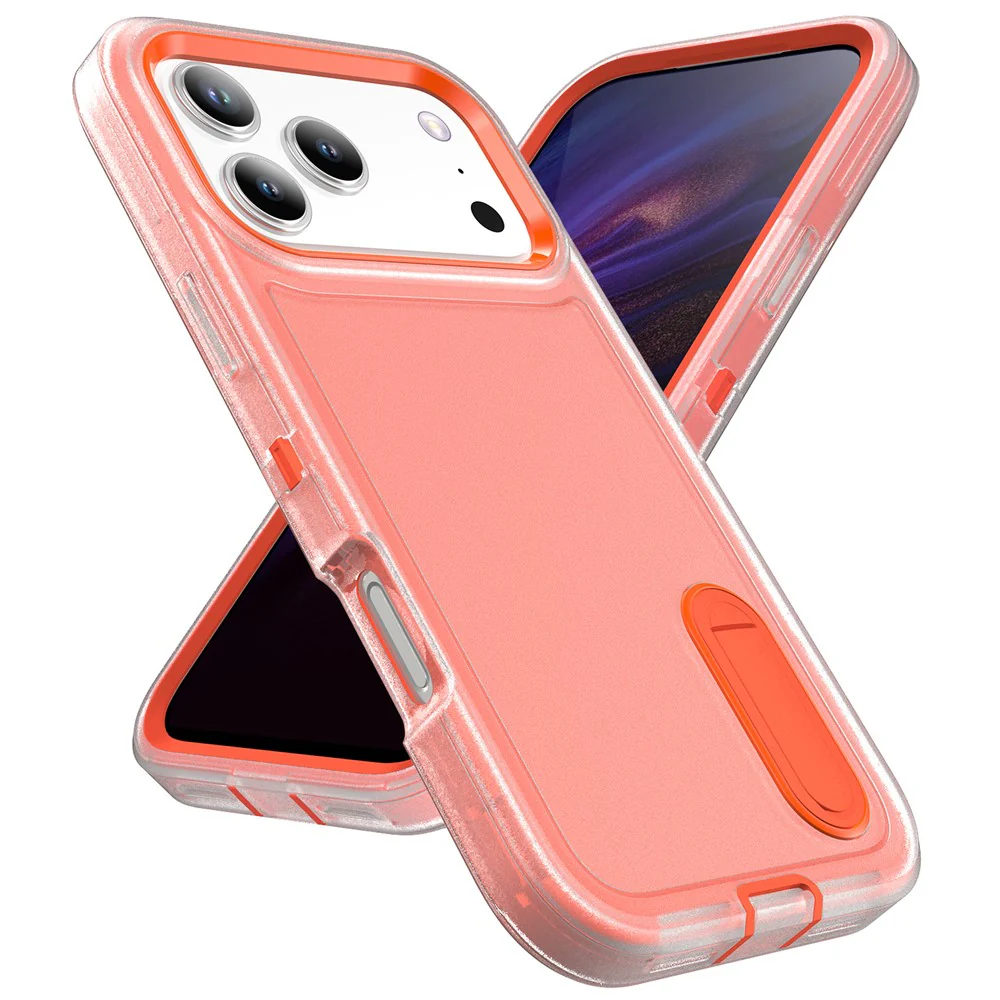 For iPhone 17 Pro Max Case Case Kickstand Phone Cover PC + Silicone + EVA 3-in-1 Design - Transparent + Orange - Image 2