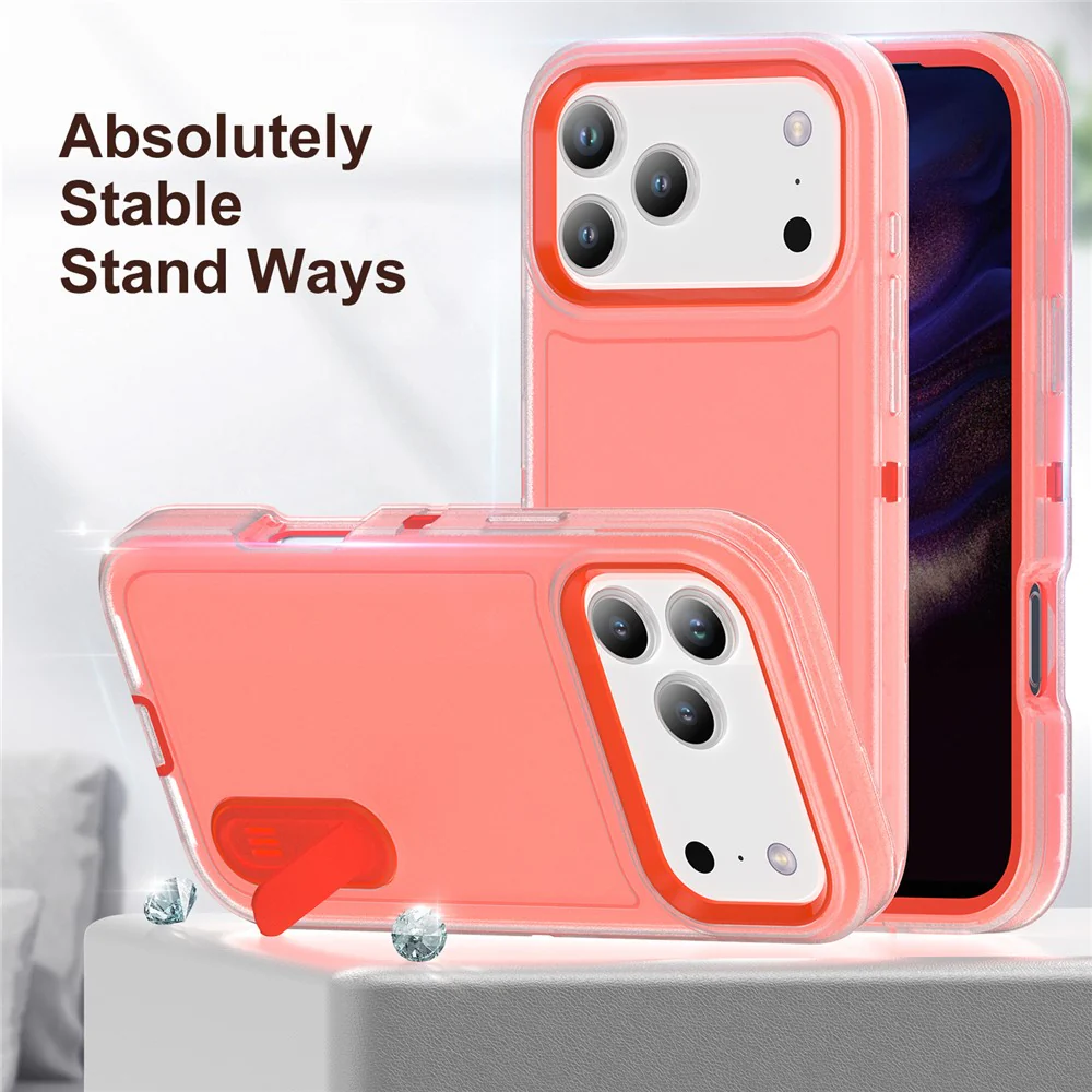 For iPhone 17 Pro Max Case Case Kickstand Phone Cover PC + Silicone + EVA 3-in-1 Design - Transparent + Orange - Image 3