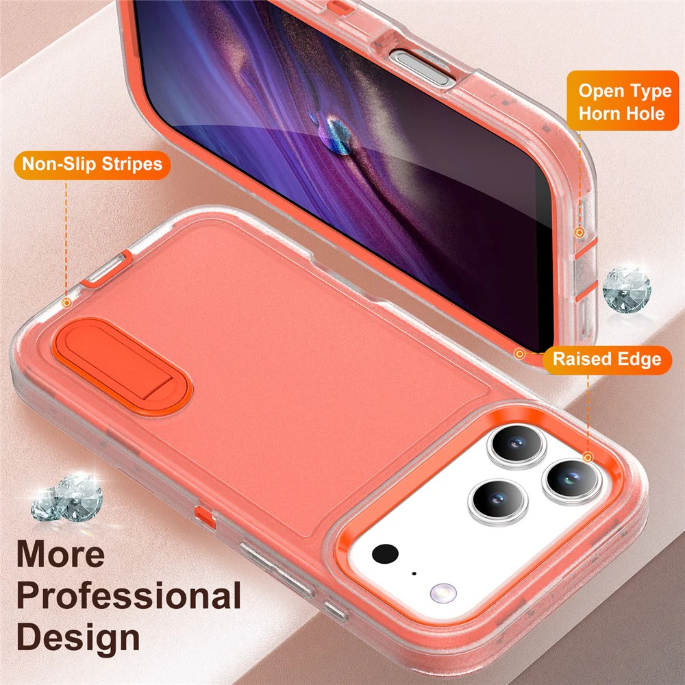 For iPhone 17 Pro Max Case Case Kickstand Phone Cover PC + Silicone + EVA 3-in-1 Design - Transparent + Orange - Image 4