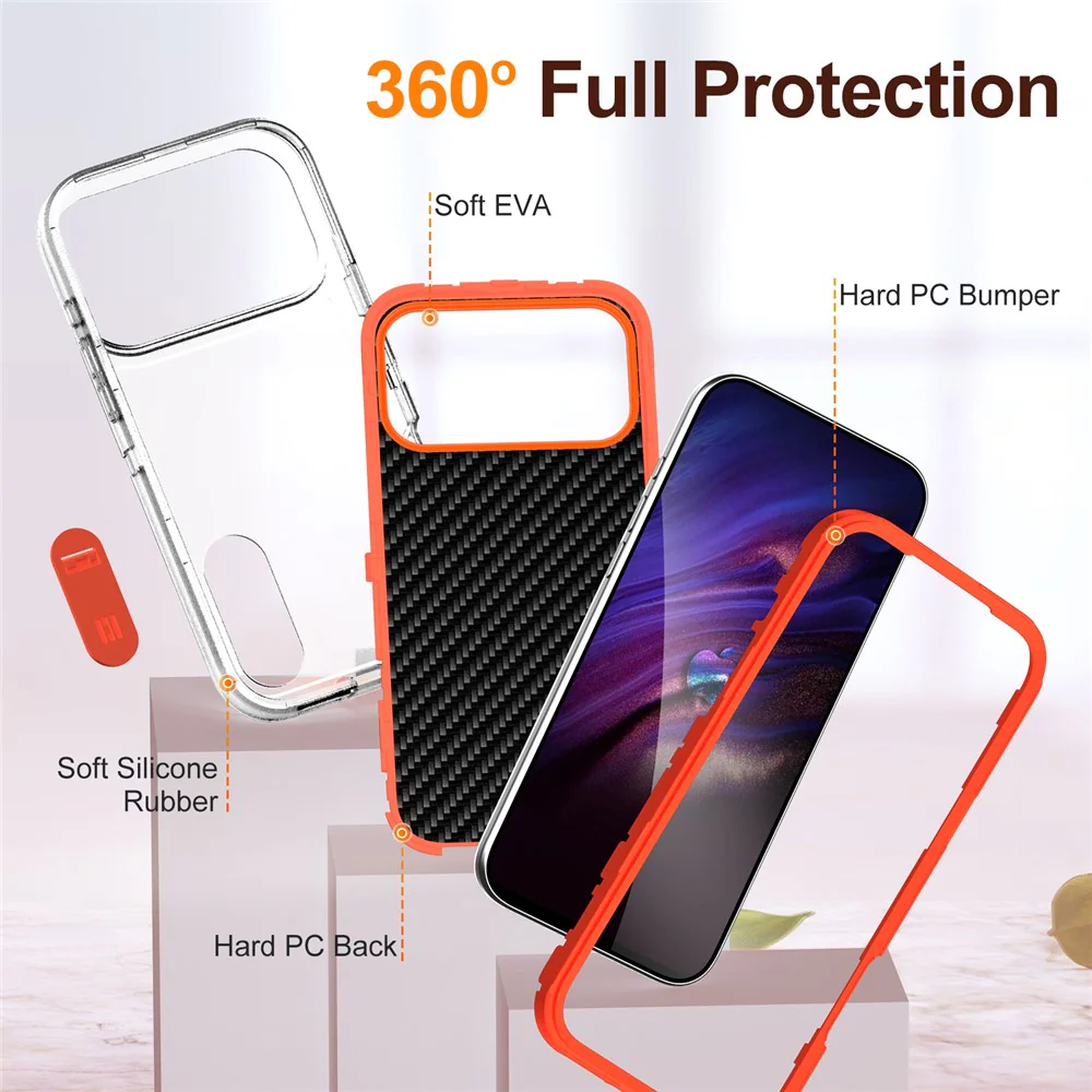 For iPhone 17 Pro Max Case Case Kickstand Phone Cover PC + Silicone + EVA 3-in-1 Design - Transparent + Orange - Image 7