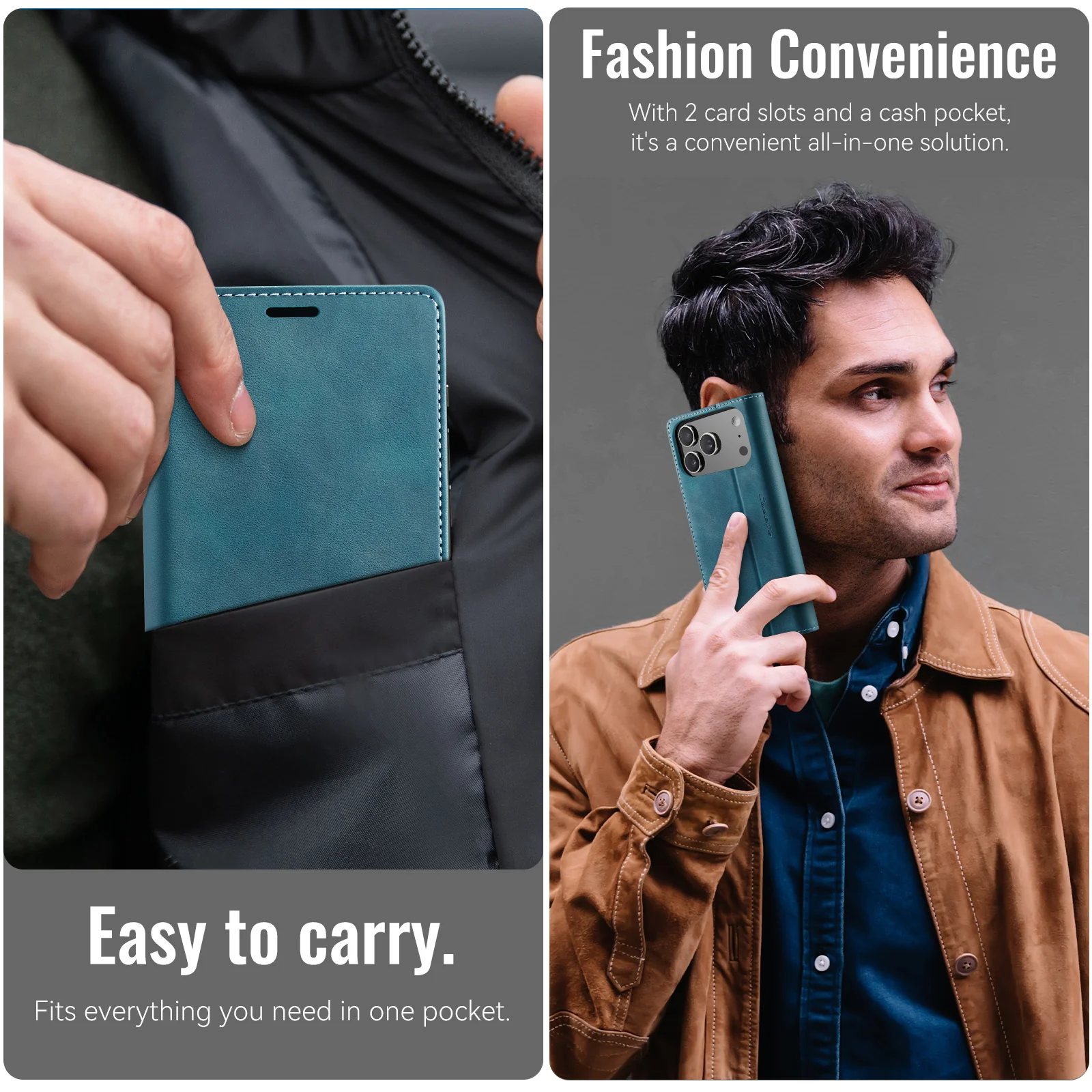 For iPhone 17 Pro Max Case CASEME 033 Series RFID Blocking Wallet Stand Calf Texture Leather Phone Cover - Green - Image 8