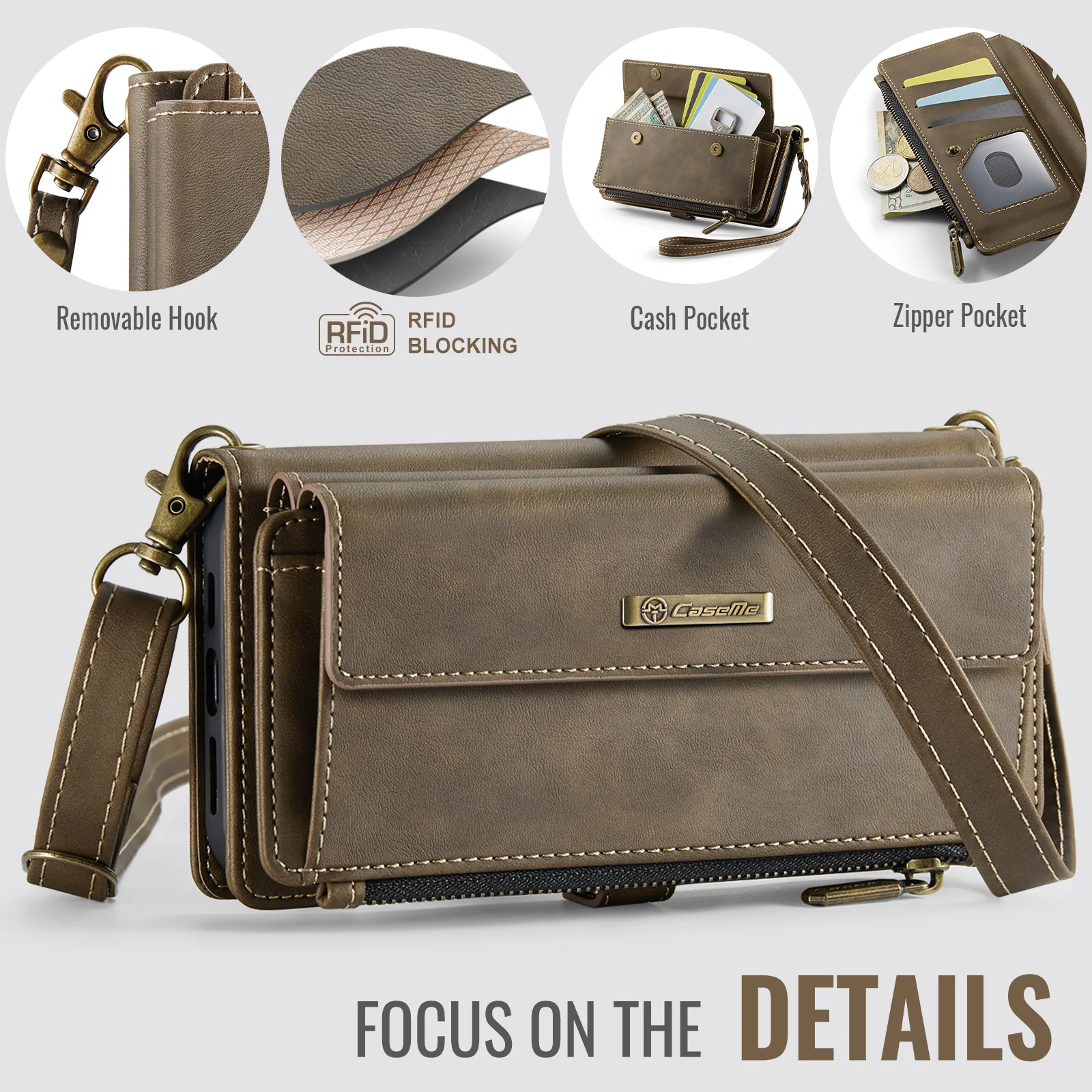 For iPhone 17 Pro Max Case CASEME C39 RFID Blocking Zipper Wallet Stand Leather Cover with Strap - Brown - Image 4