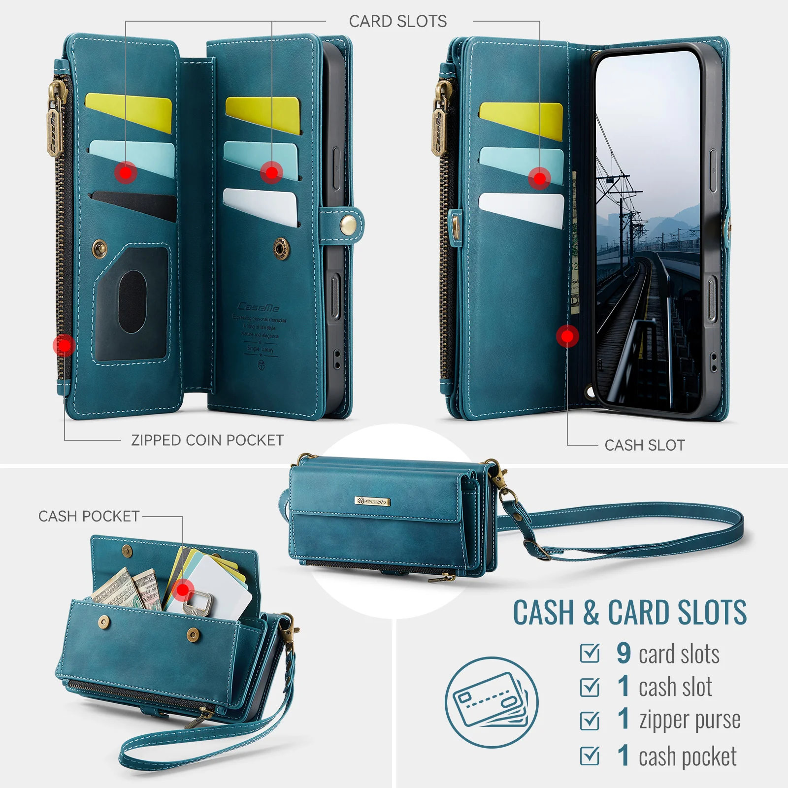 For iPhone 17 Pro Max Case CASEME C39 RFID Blocking Zipper Wallet Stand Leather Cover with Strap - Green - Image 3