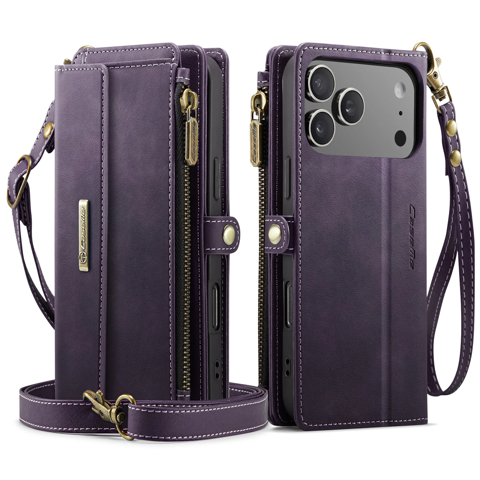 For iPhone 17 Pro Max Case CASEME C39 RFID Blocking Zipper Wallet Stand Leather Cover with Strap - Purple - Image 2