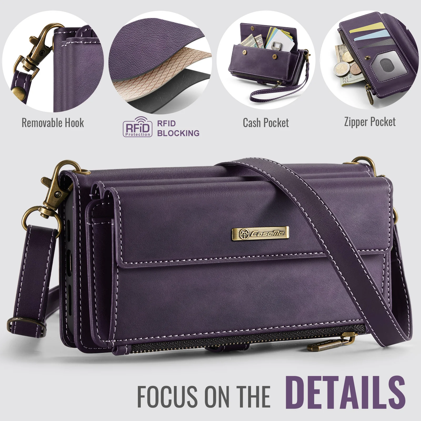 For iPhone 17 Pro Max Case CASEME C39 RFID Blocking Zipper Wallet Stand Leather Cover with Strap - Purple - Image 4