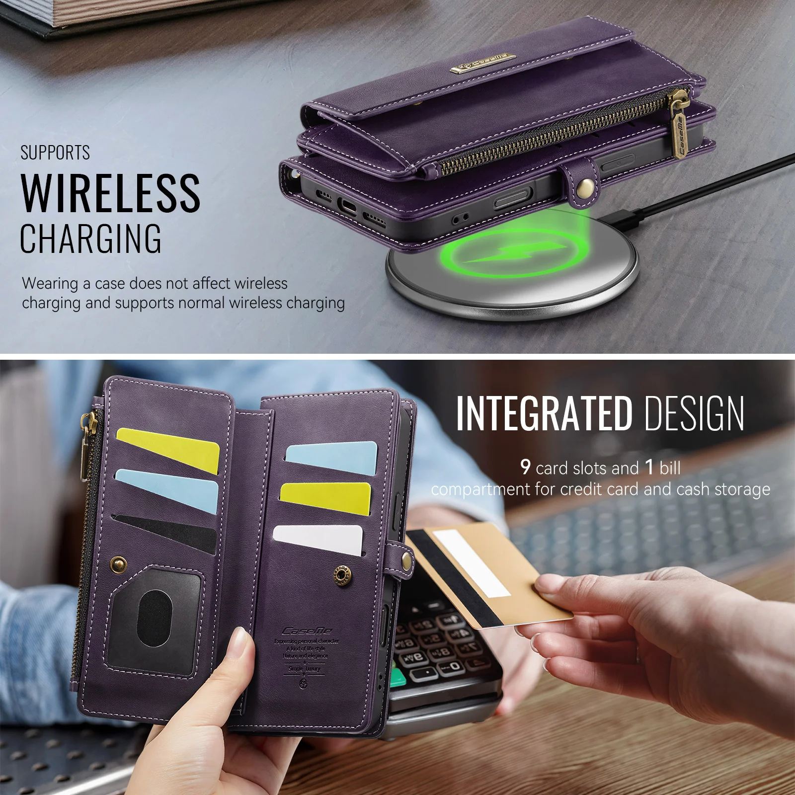 For iPhone 17 Pro Max Case CASEME C39 RFID Blocking Zipper Wallet Stand Leather Cover with Strap - Purple - Image 8
