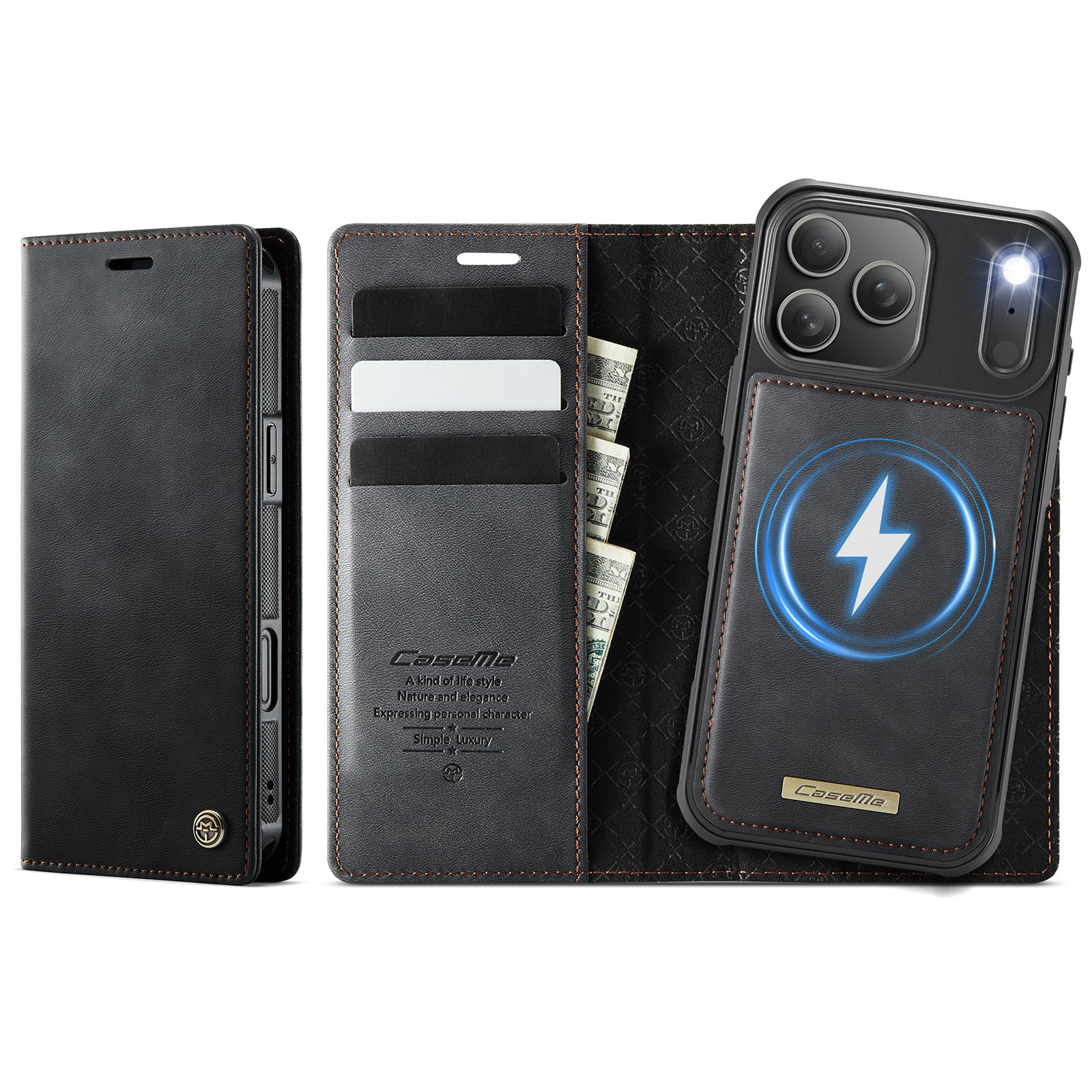 For iPhone 17 Pro Max Case CASEME C49 Compatible with MagSafe RFID Blocking Detachable Wallet Leather Phone Cover - Black