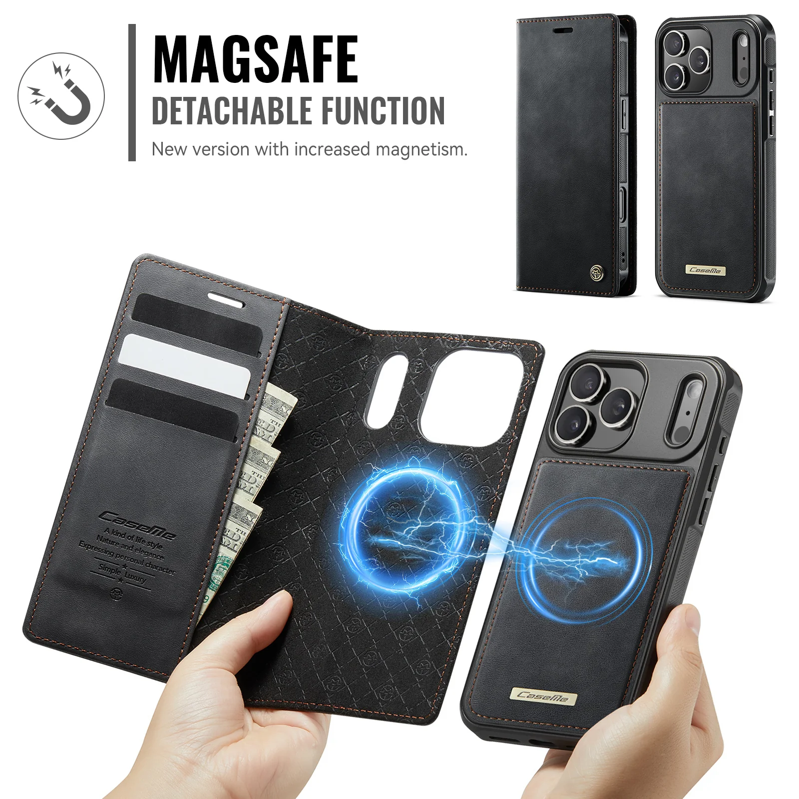 For iPhone 17 Pro Max Case CASEME C49 Compatible with MagSafe RFID Blocking Detachable Wallet Leather Phone Cover - Black - Image 5
