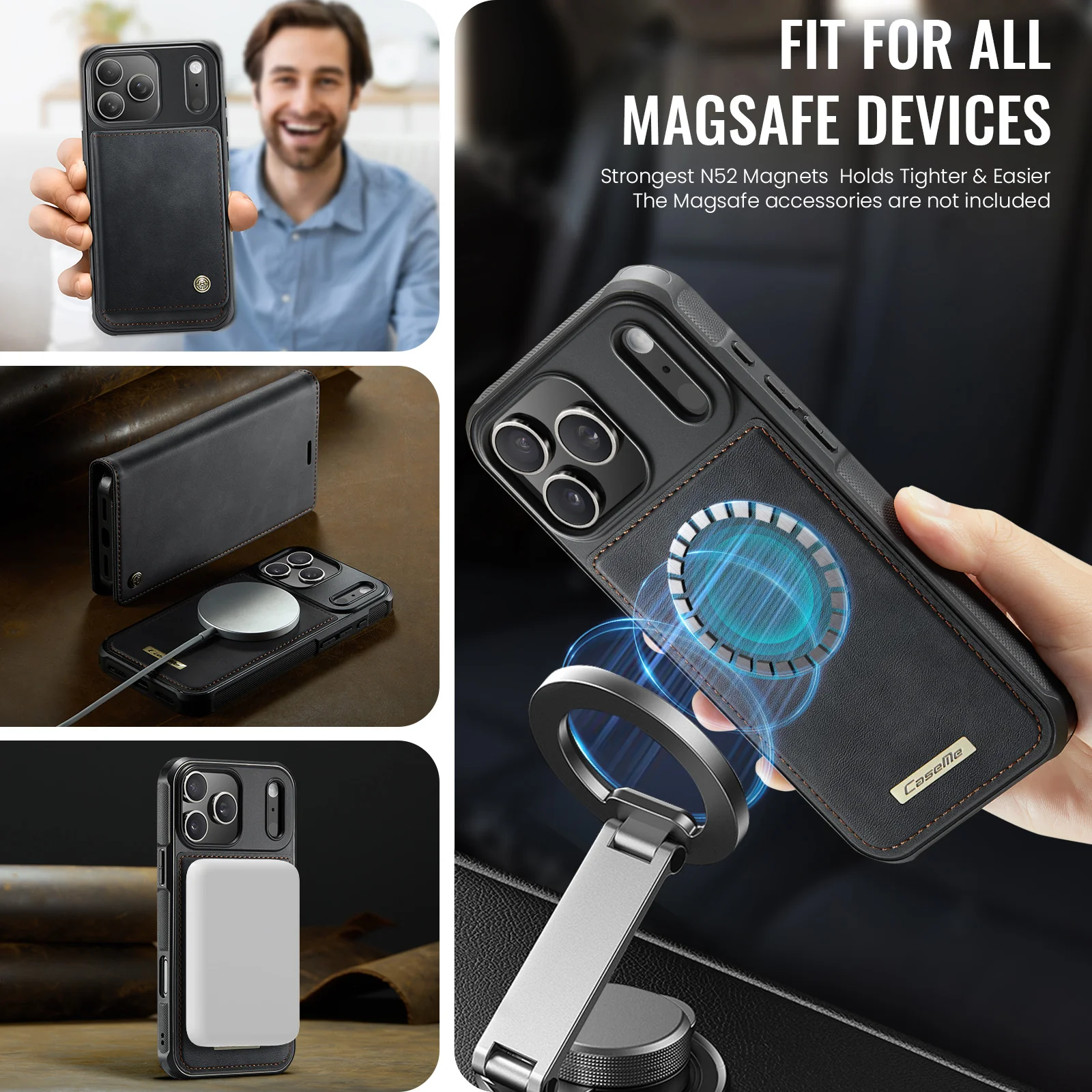 For iPhone 17 Pro Max Case CASEME C49 Compatible with MagSafe RFID Blocking Detachable Wallet Leather Phone Cover - Black - Image 6