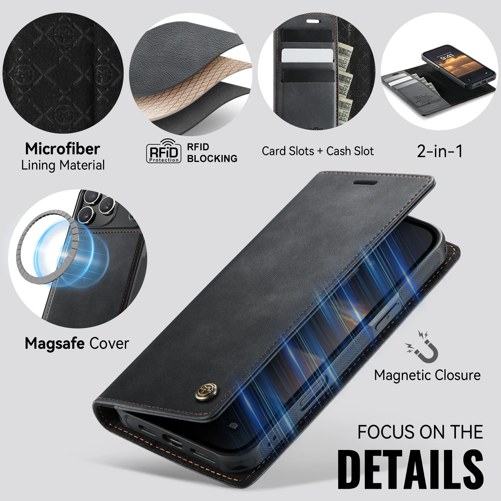 For iPhone 17 Pro Max Case CASEME C49 Compatible with MagSafe RFID Blocking Detachable Wallet Leather Phone Cover - Black - Image 8