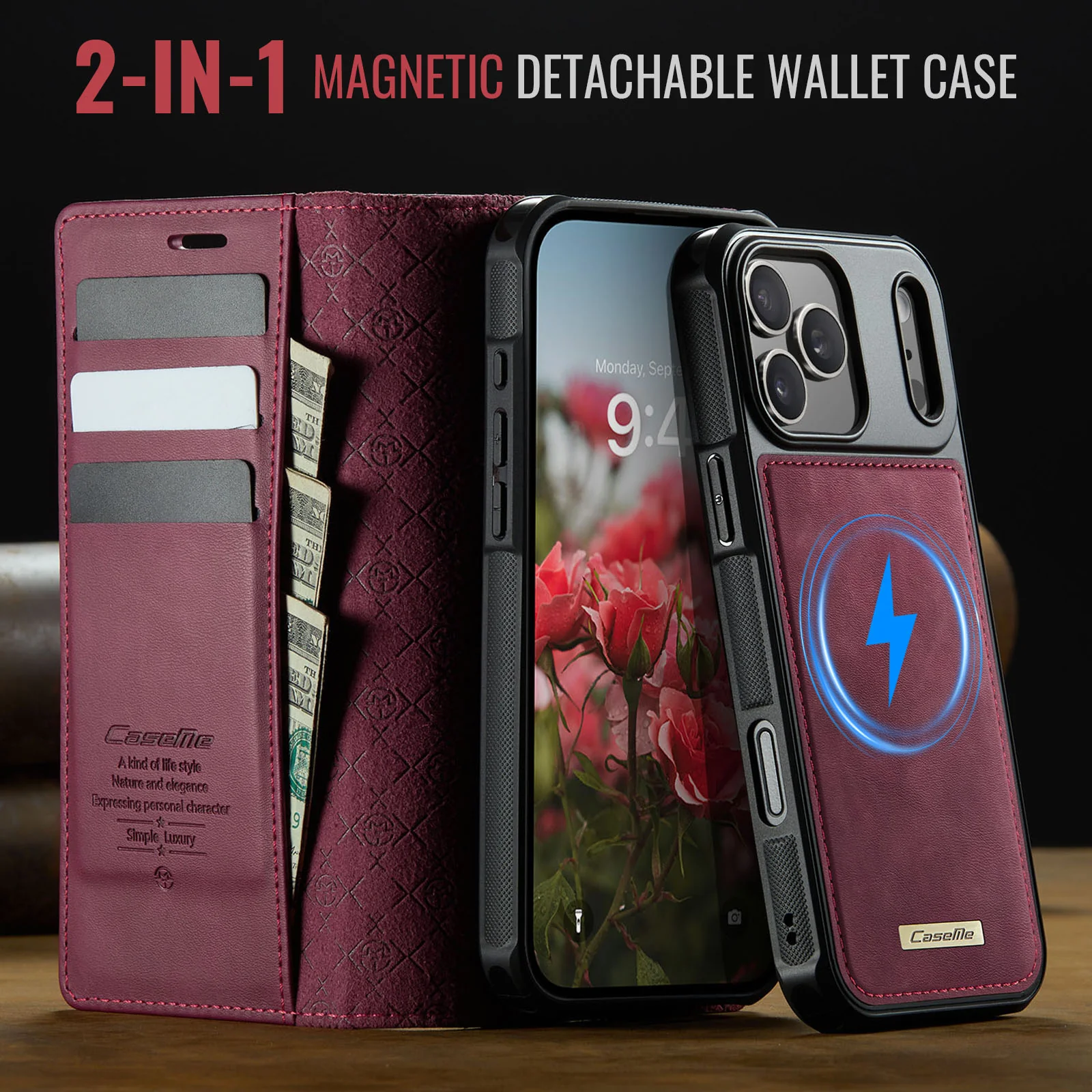 For iPhone 17 Pro Max Case CASEME C49 Compatible with MagSafe RFID Blocking Detachable Wallet Leather Phone Cover - Red - Image 4