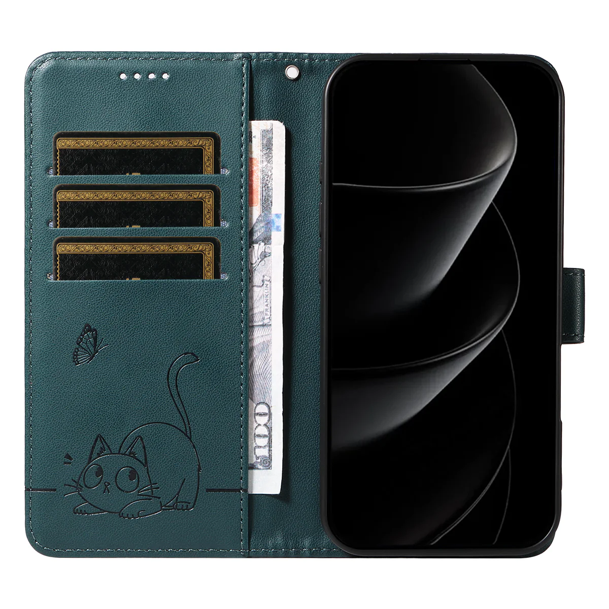 For iPhone 17 Pro Max Case Cat Pattern Imprint Leather Phone Cover with Wrist Strap - Blue - Image 2