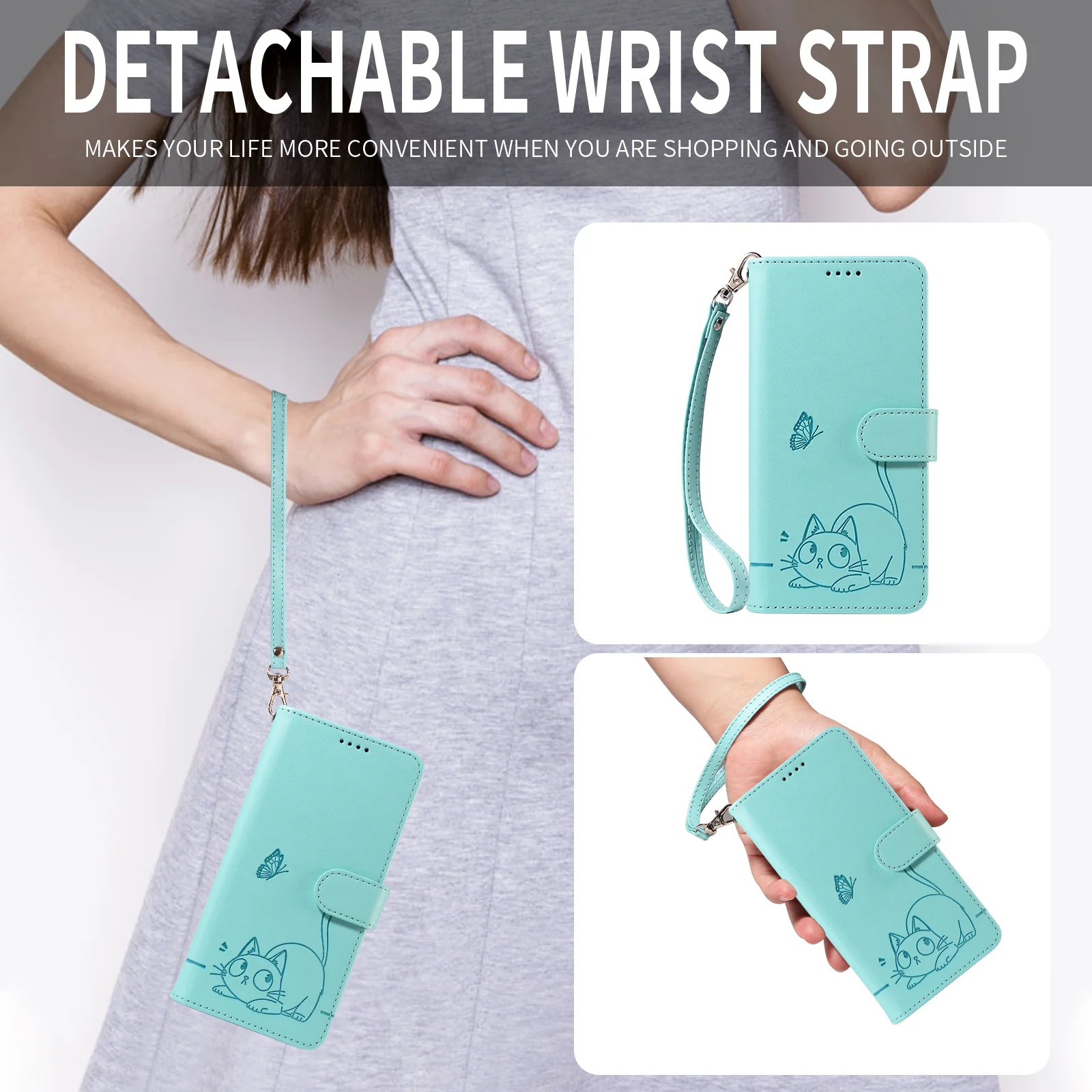 For iPhone 17 Pro Max Case Cat Pattern Imprint Leather Phone Cover with Wrist Strap - Green - Image 4
