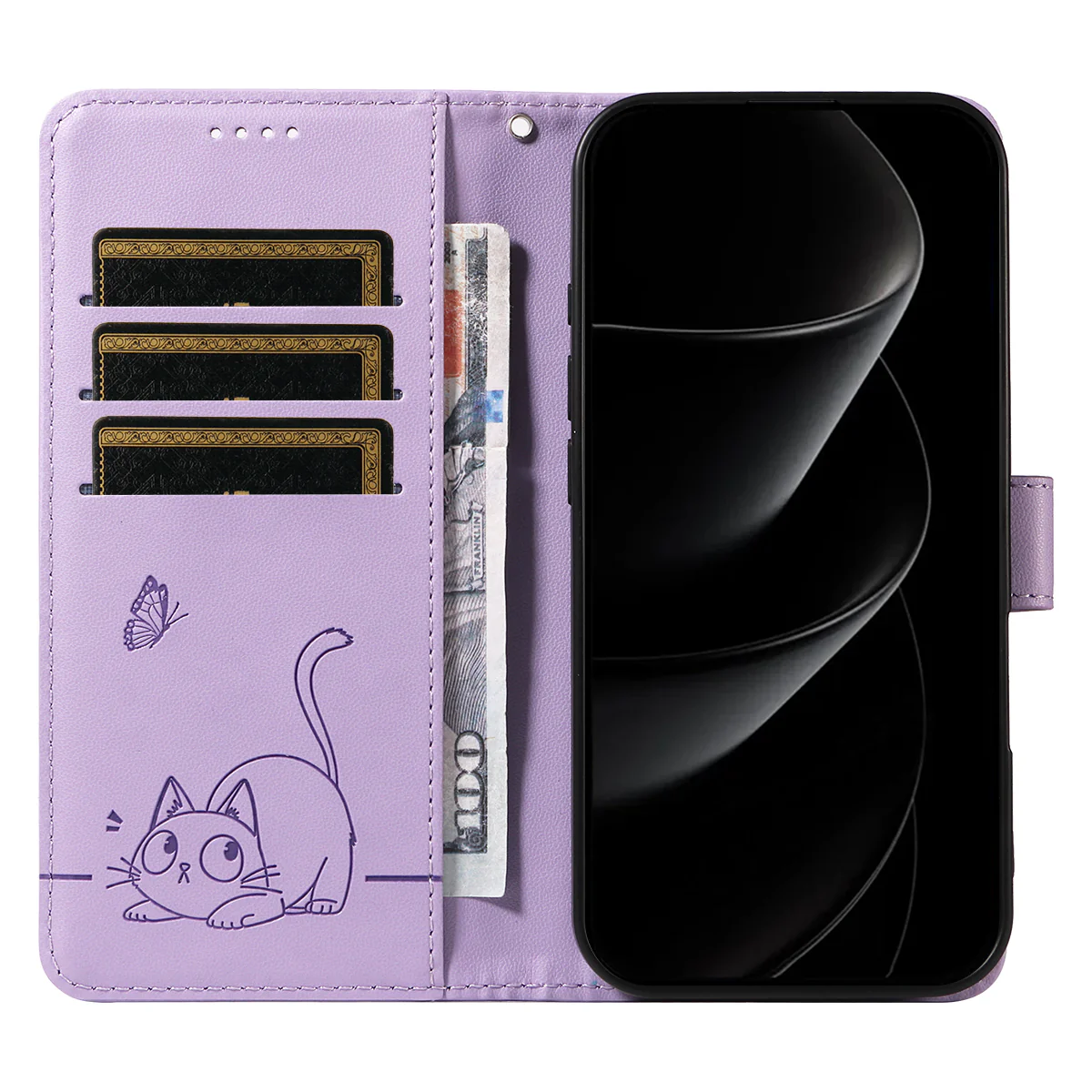 For iPhone 17 Pro Max Case Cat Pattern Imprint Leather Phone Cover with Wrist Strap - Purple - Image 2