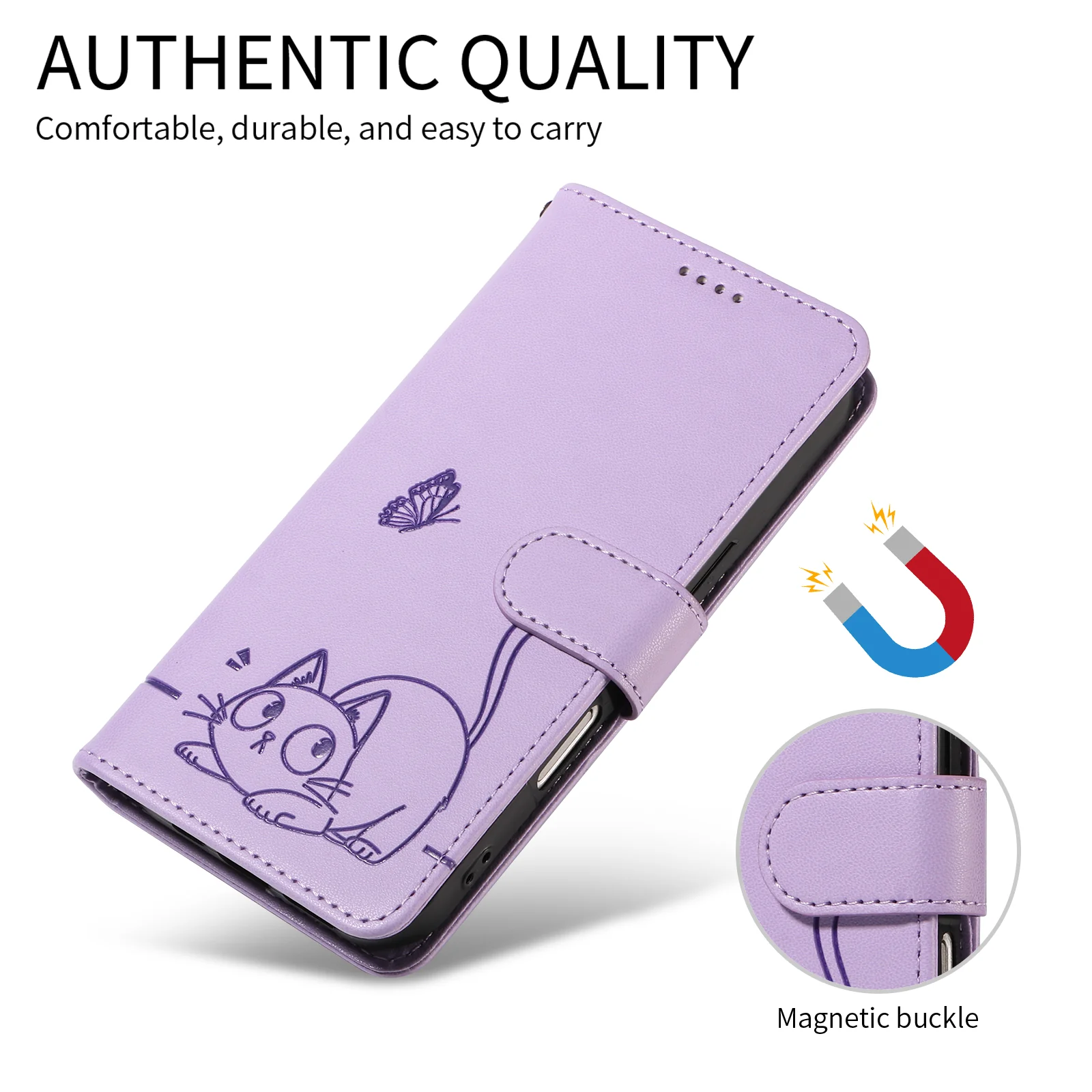 For iPhone 17 Pro Max Case Cat Pattern Imprint Leather Phone Cover with Wrist Strap - Purple - Image 3